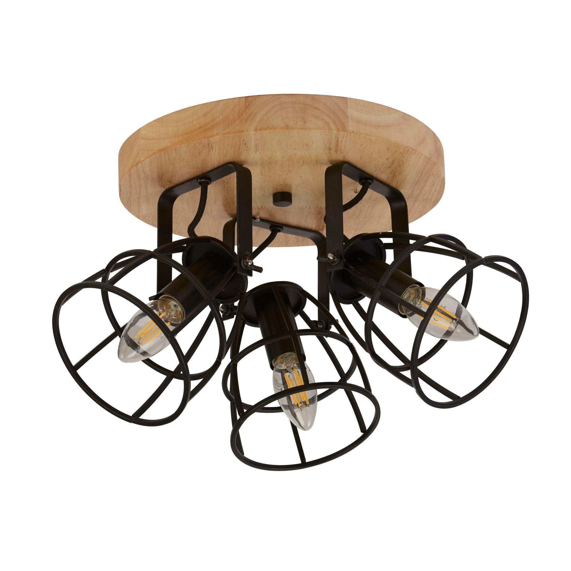 Searchlight Vermouth 3 Light Cage Round Ceiling Light - Matt Black & Wood