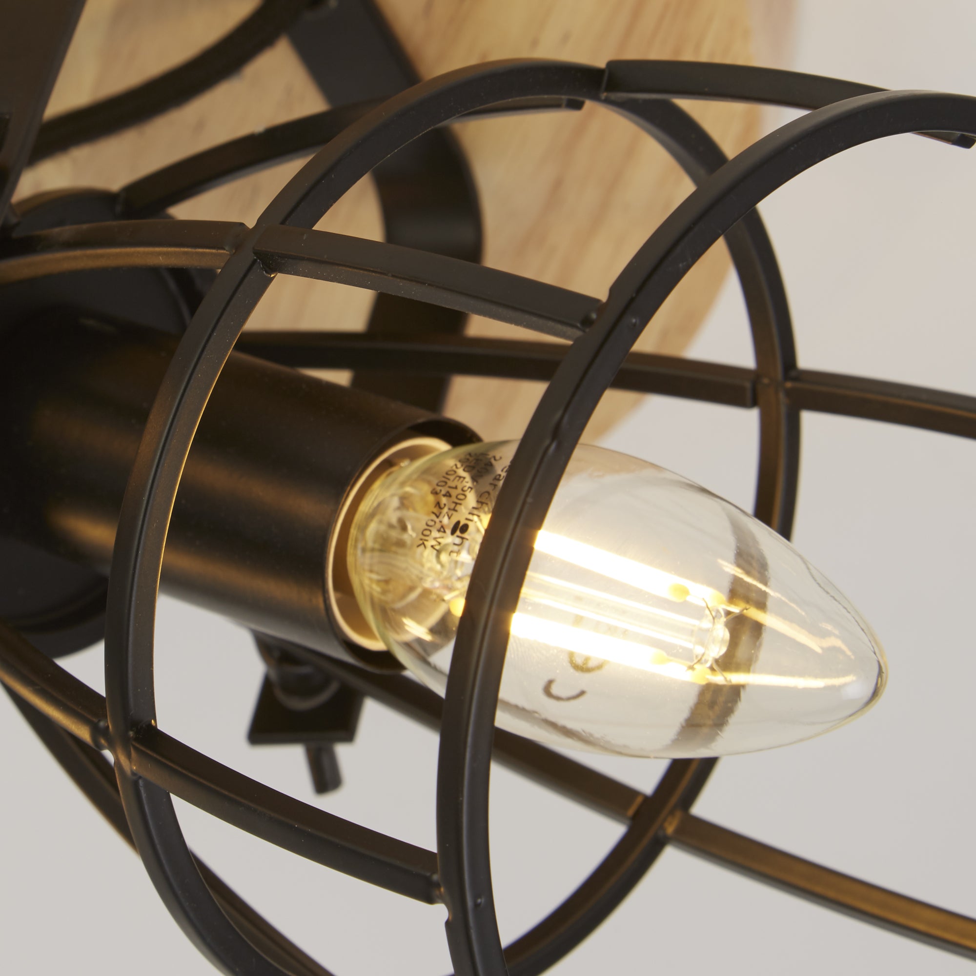 Searchlight Vermouth 3 Light Cage Round Ceiling Light - Matt Black & Wood
