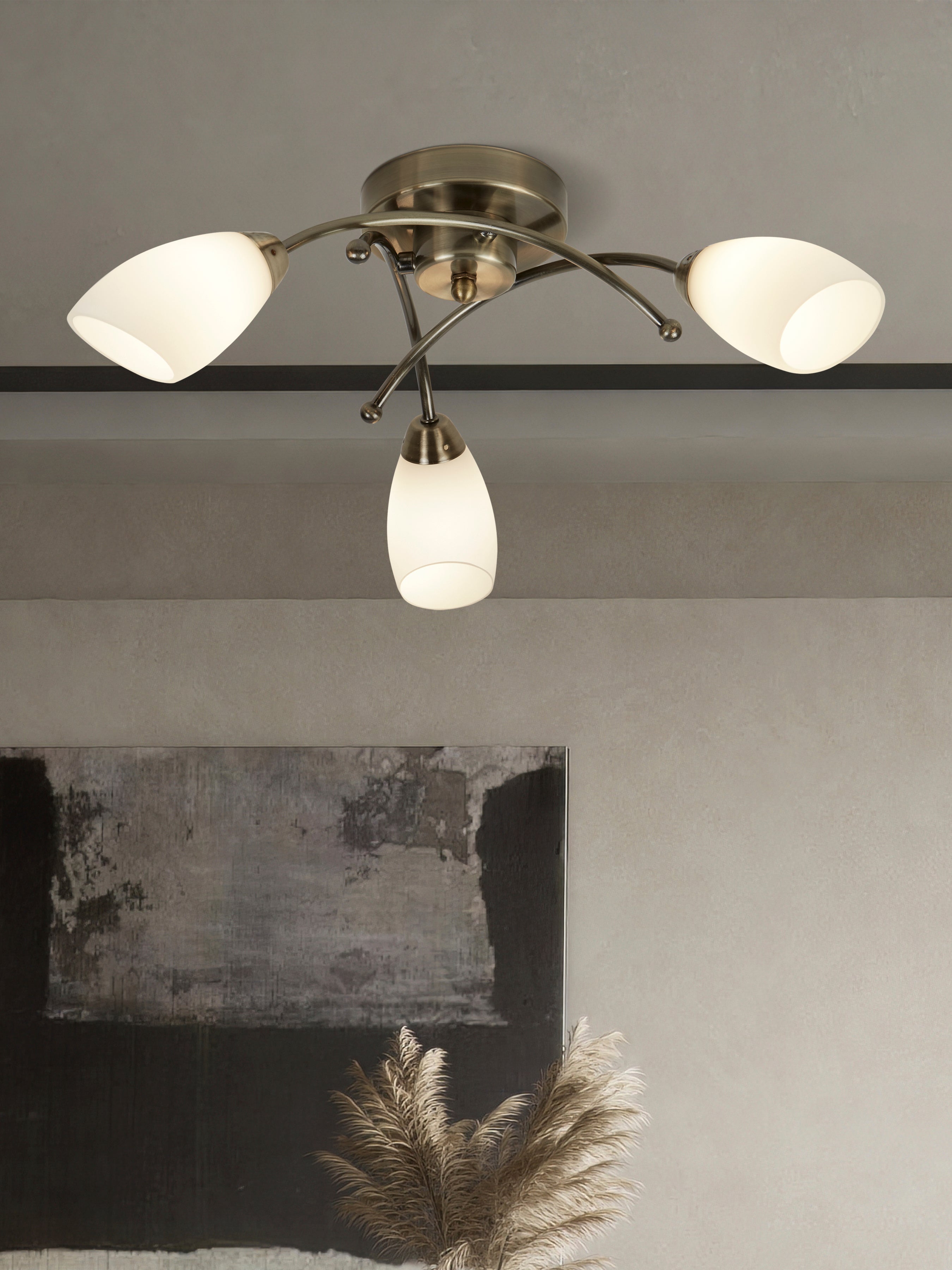 Searchlight Oakfield 3 Light Antique Brass Flush With Opal Glass