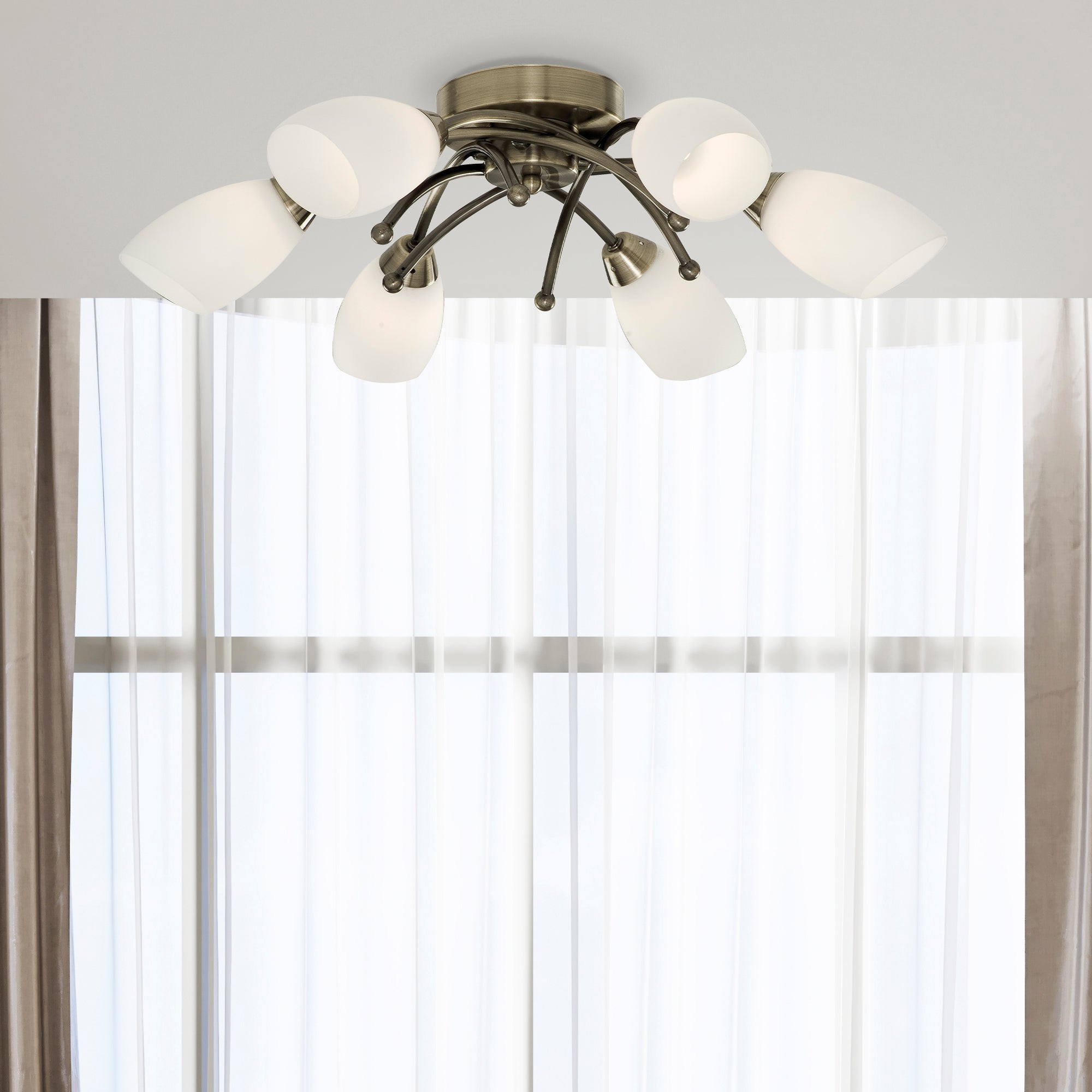 Searchlight Oakfield 6 Light Antique Brass Flush With Opal Glass