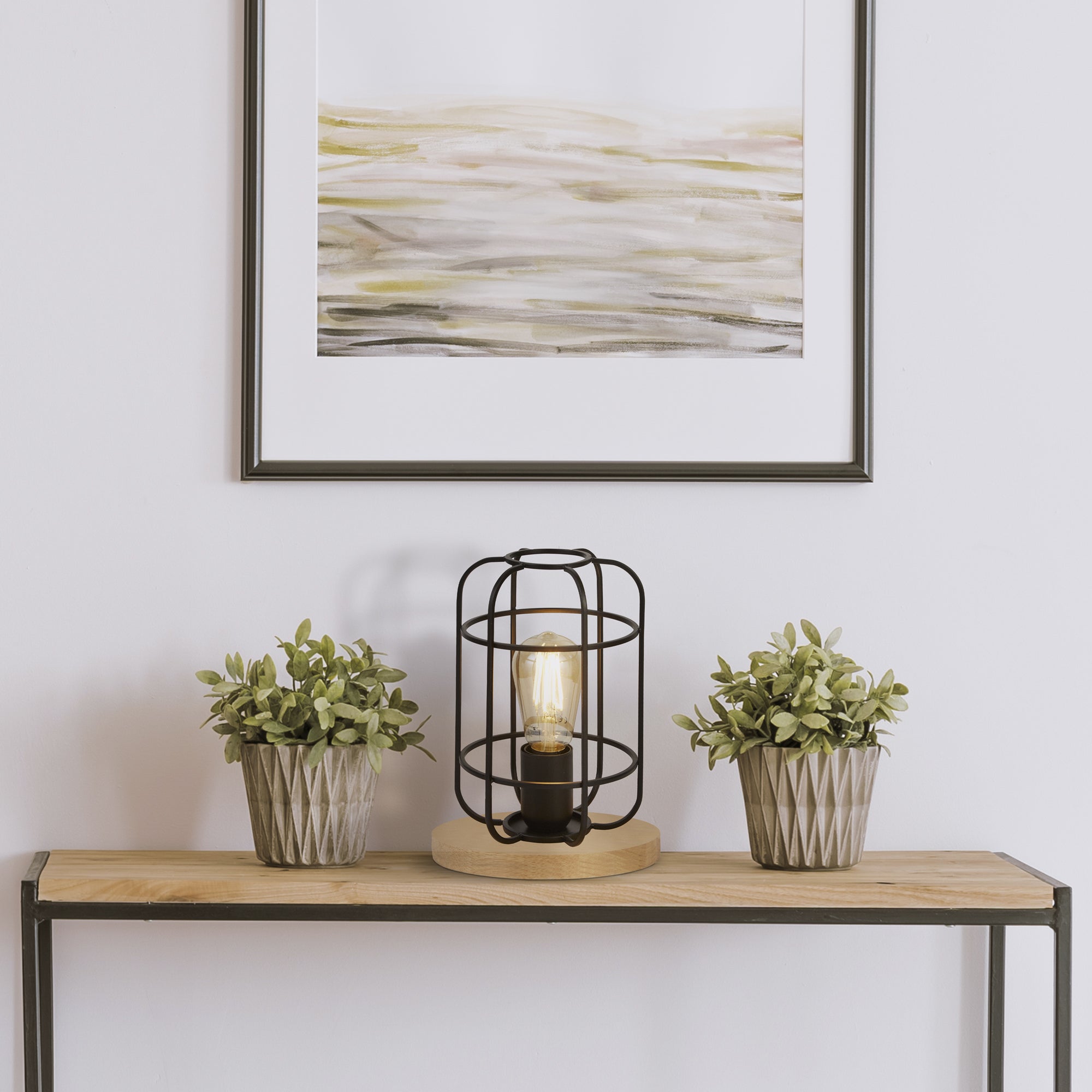 Searchlight Vermouth Cage Table Lamp - Matt Black & Wood