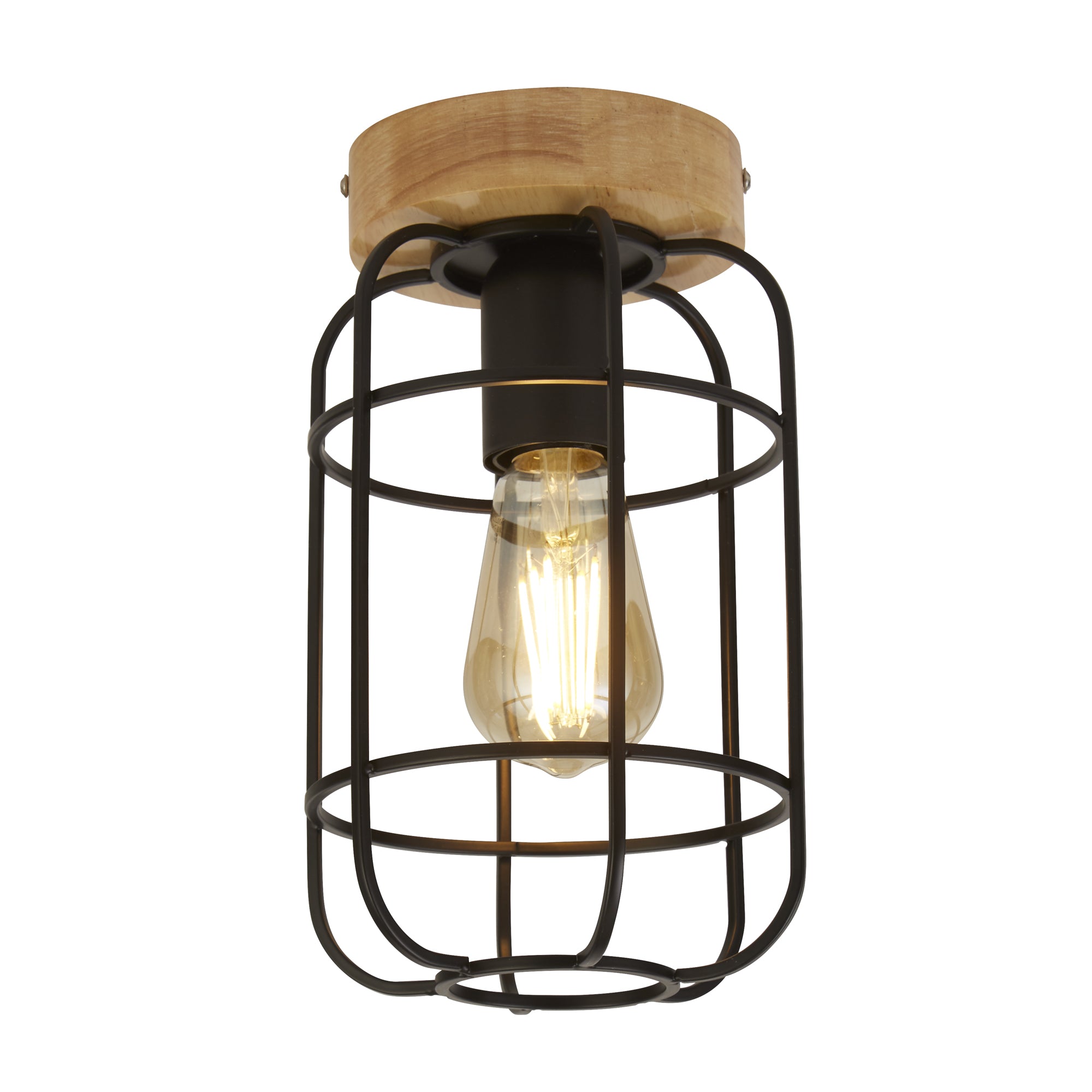 Searchlight Vermouth Cage Ceiling Light - Matt Black & Wood