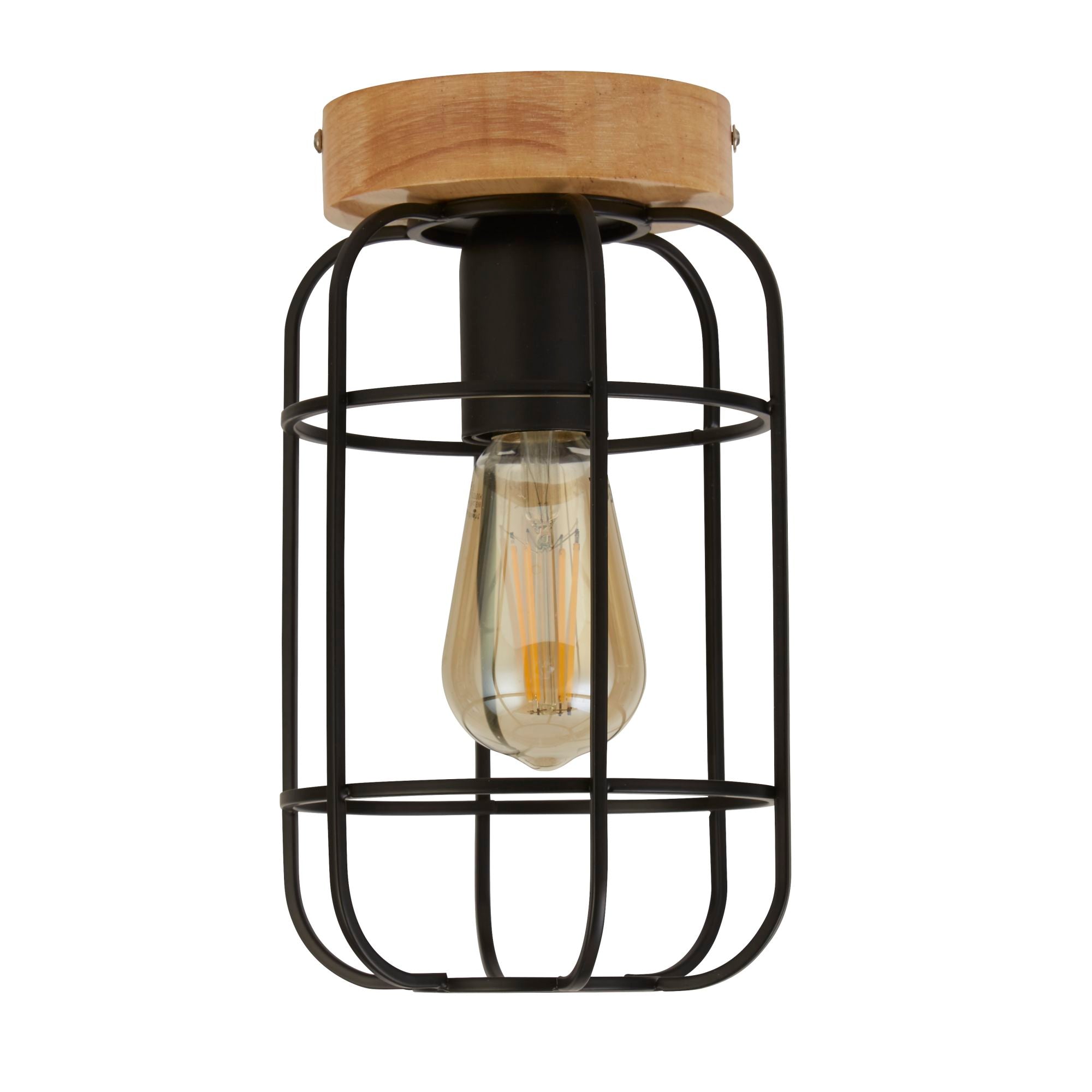 Searchlight Vermouth Cage Ceiling Light - Matt Black & Wood