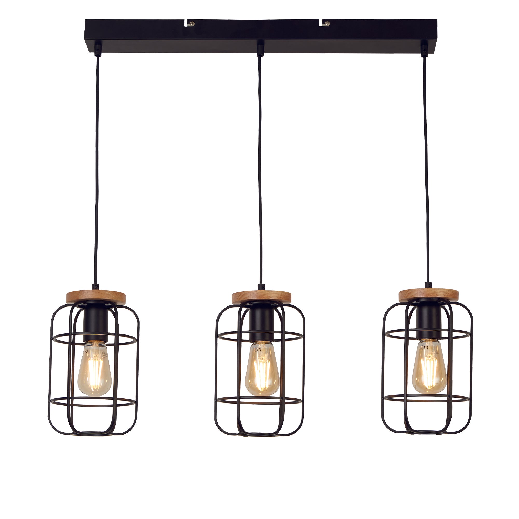 Searchlight Vermouth 3 Light Cage Bar Ceiling Pendant - Matt Black & Wood