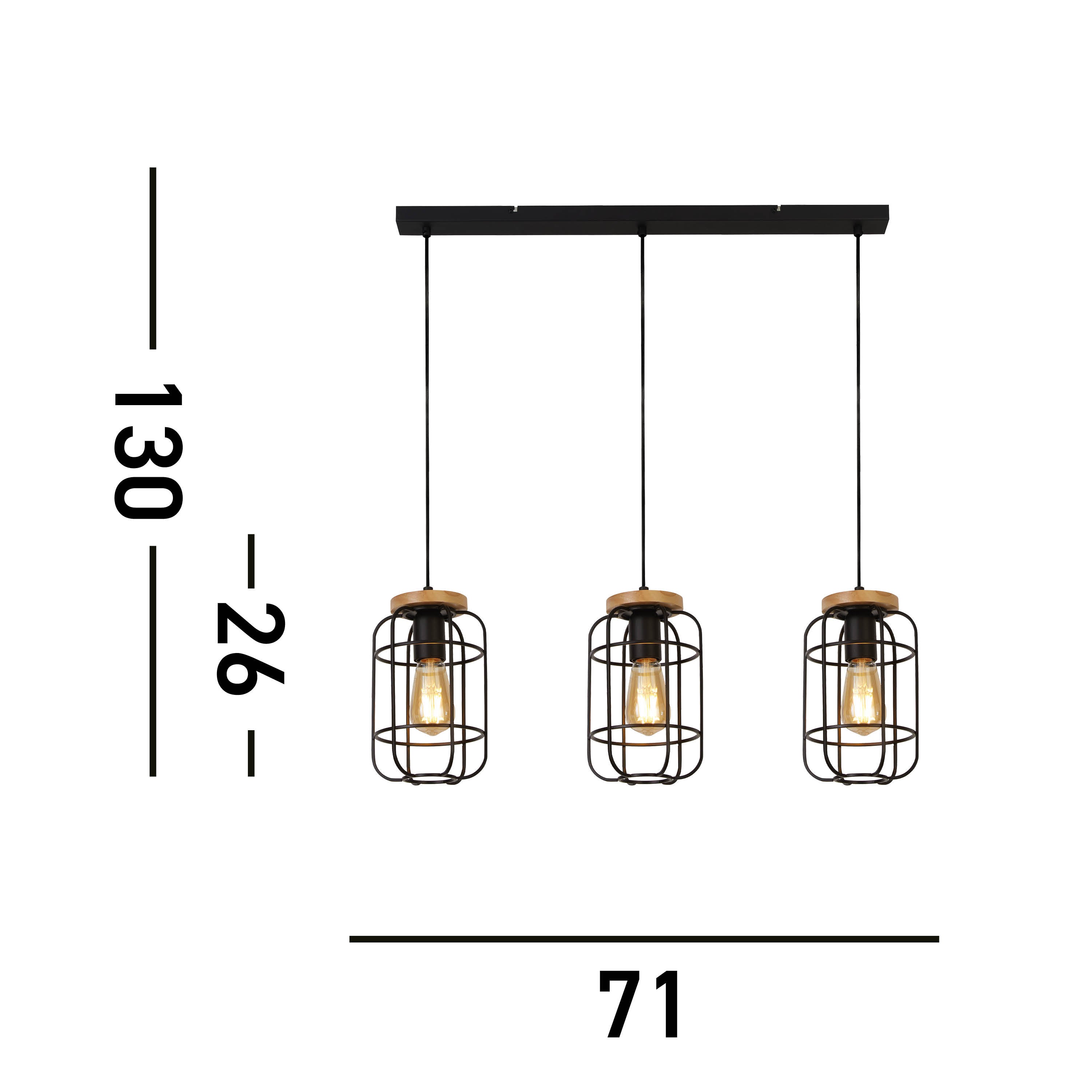 Searchlight Vermouth 3 Light Cage Bar Ceiling Pendant - Matt Black & Wood