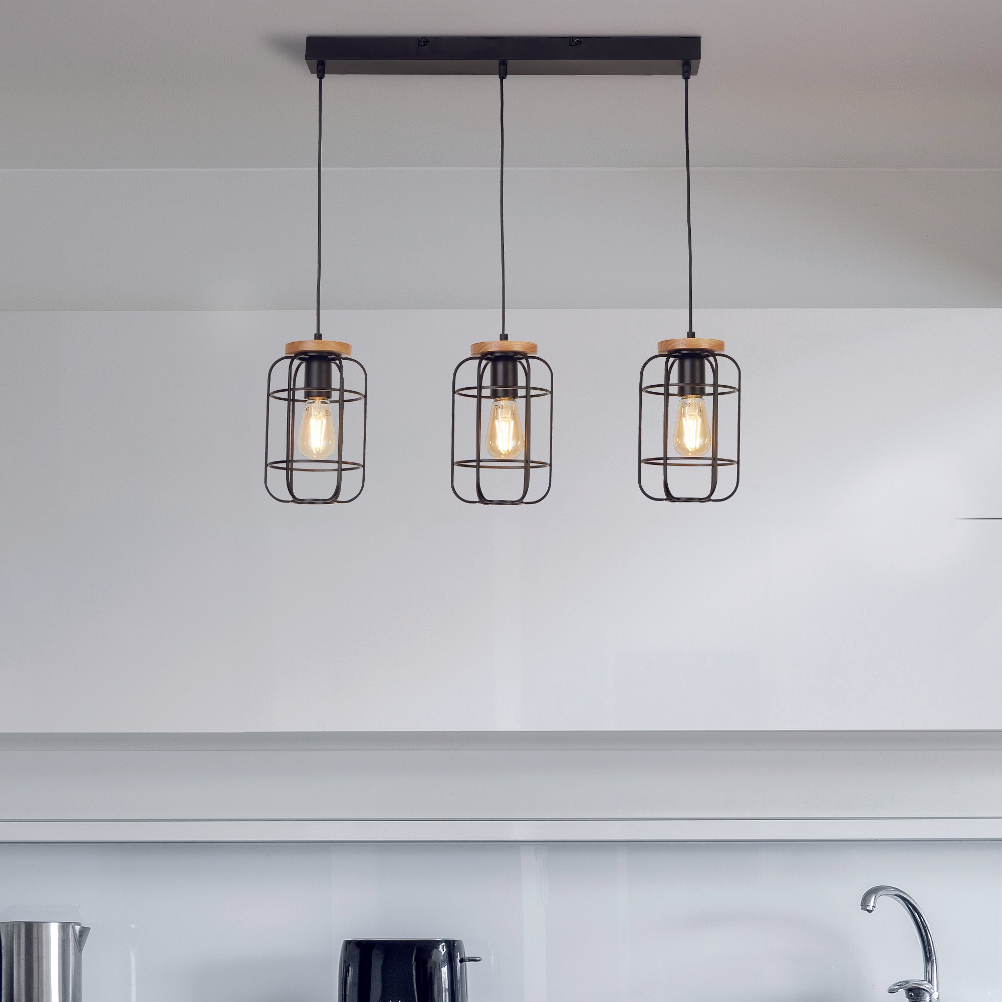 Searchlight Vermouth 3 Light Cage Bar Ceiling Pendant - Matt Black & Wood