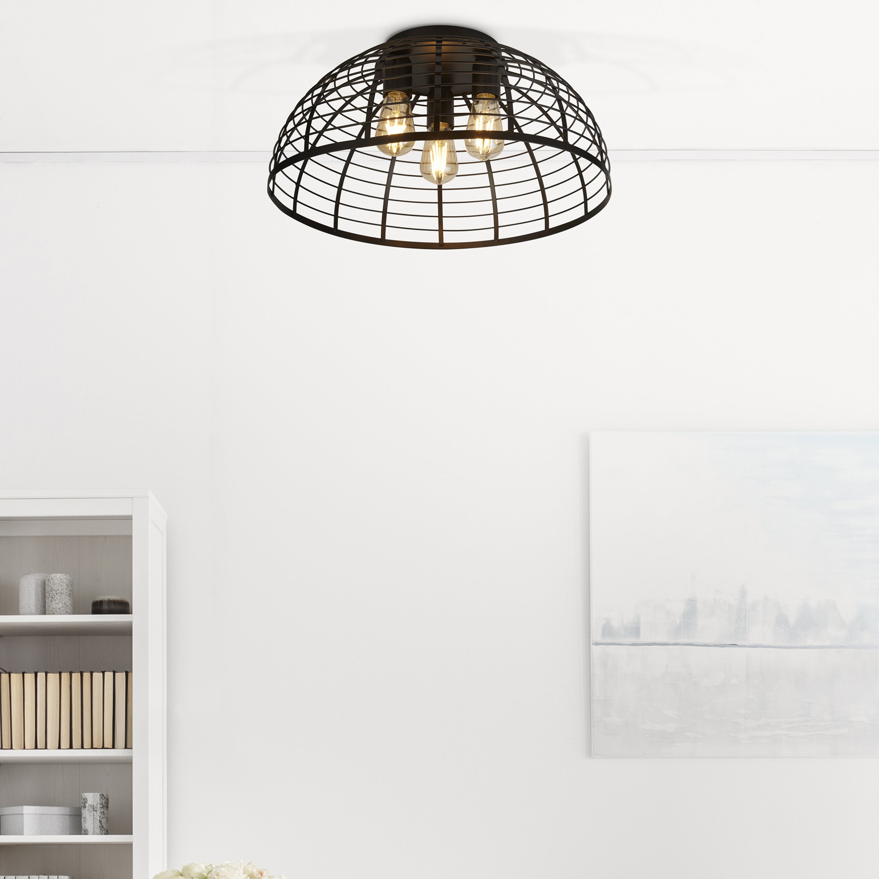 Searchlight Vermouth Cage 3 Light Flush - Matt Black