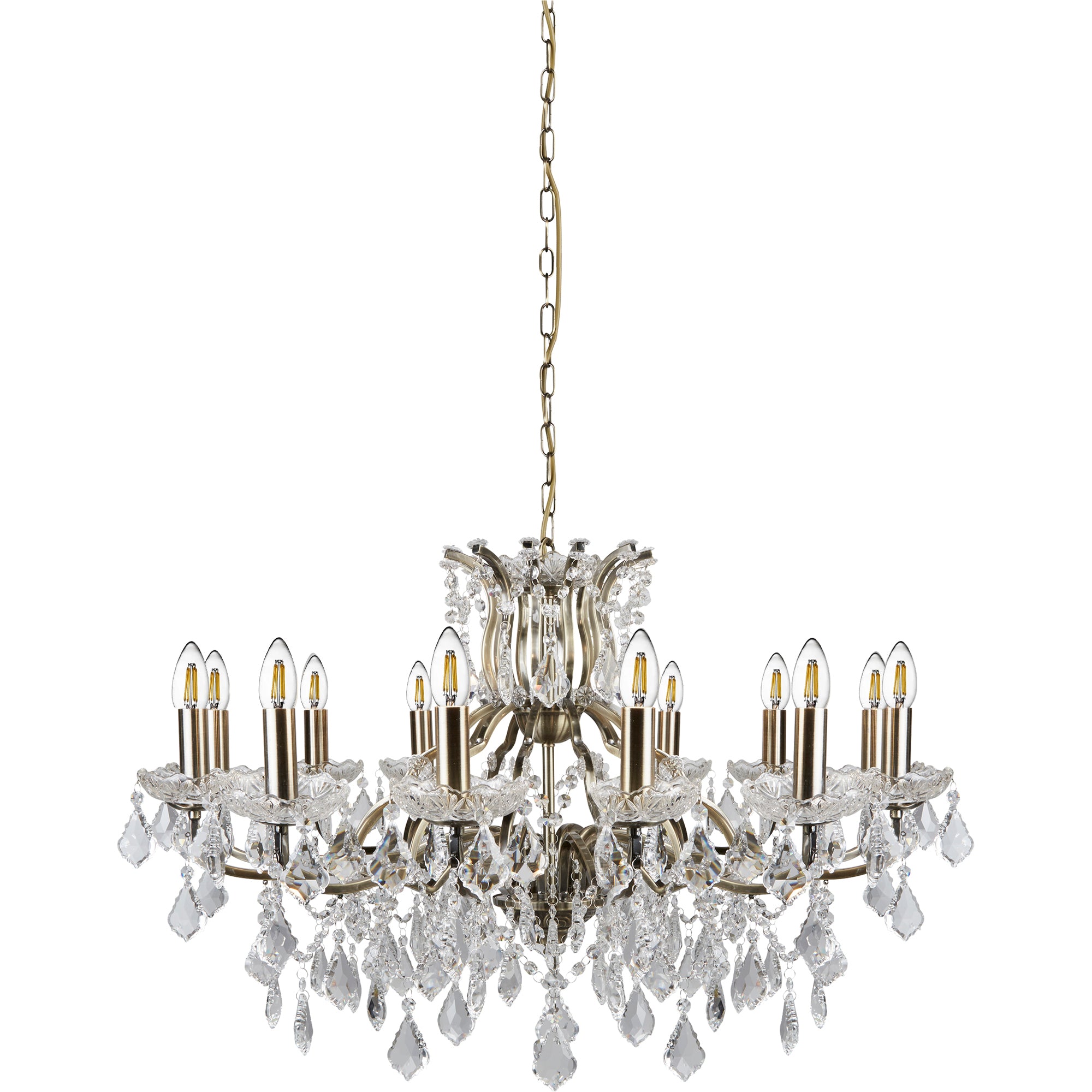Searchlight Paley 12 Light Chandelier - Antique Brass & Clear Crystal Drops