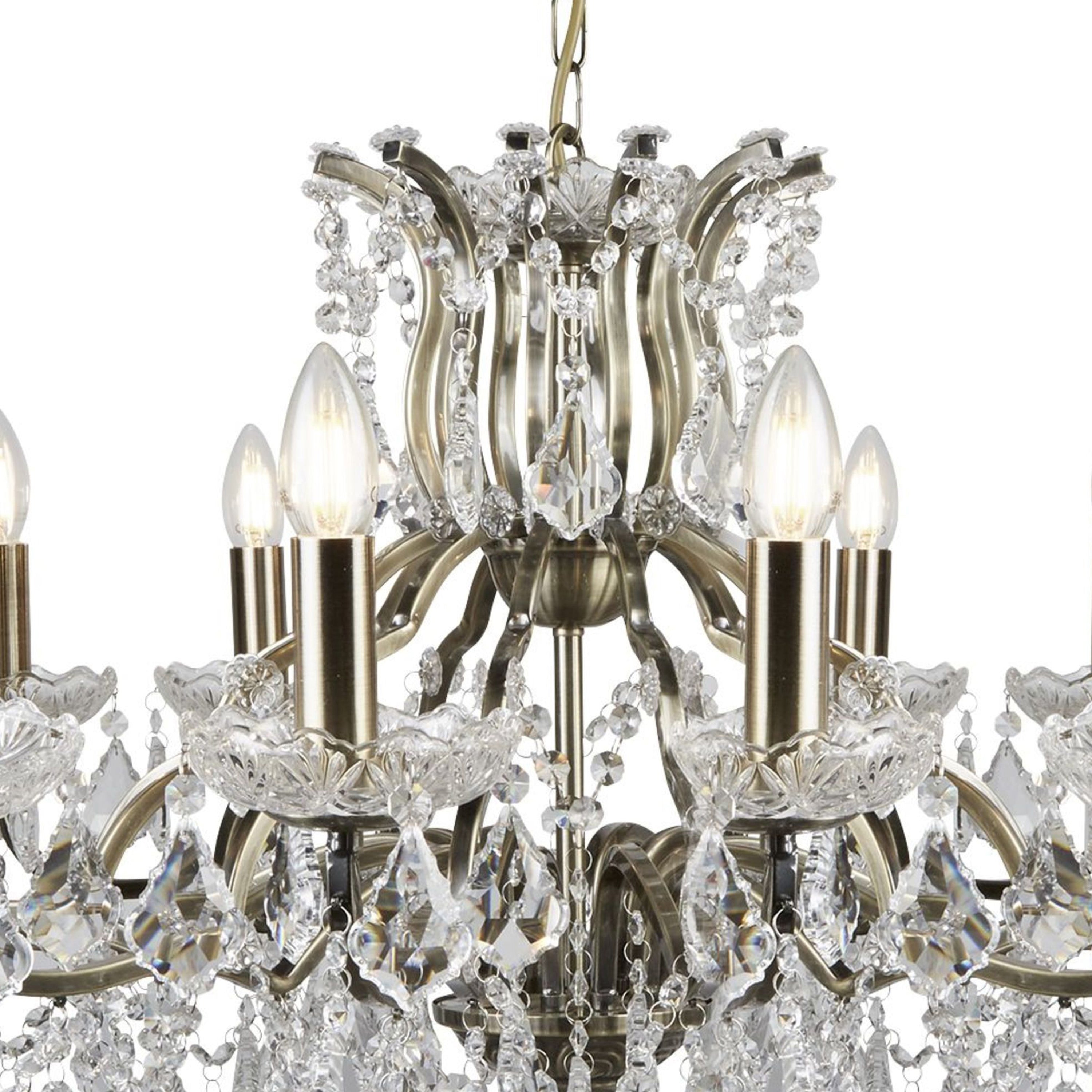 Searchlight Paley 12 Light Chandelier - Antique Brass & Clear Crystal Drops