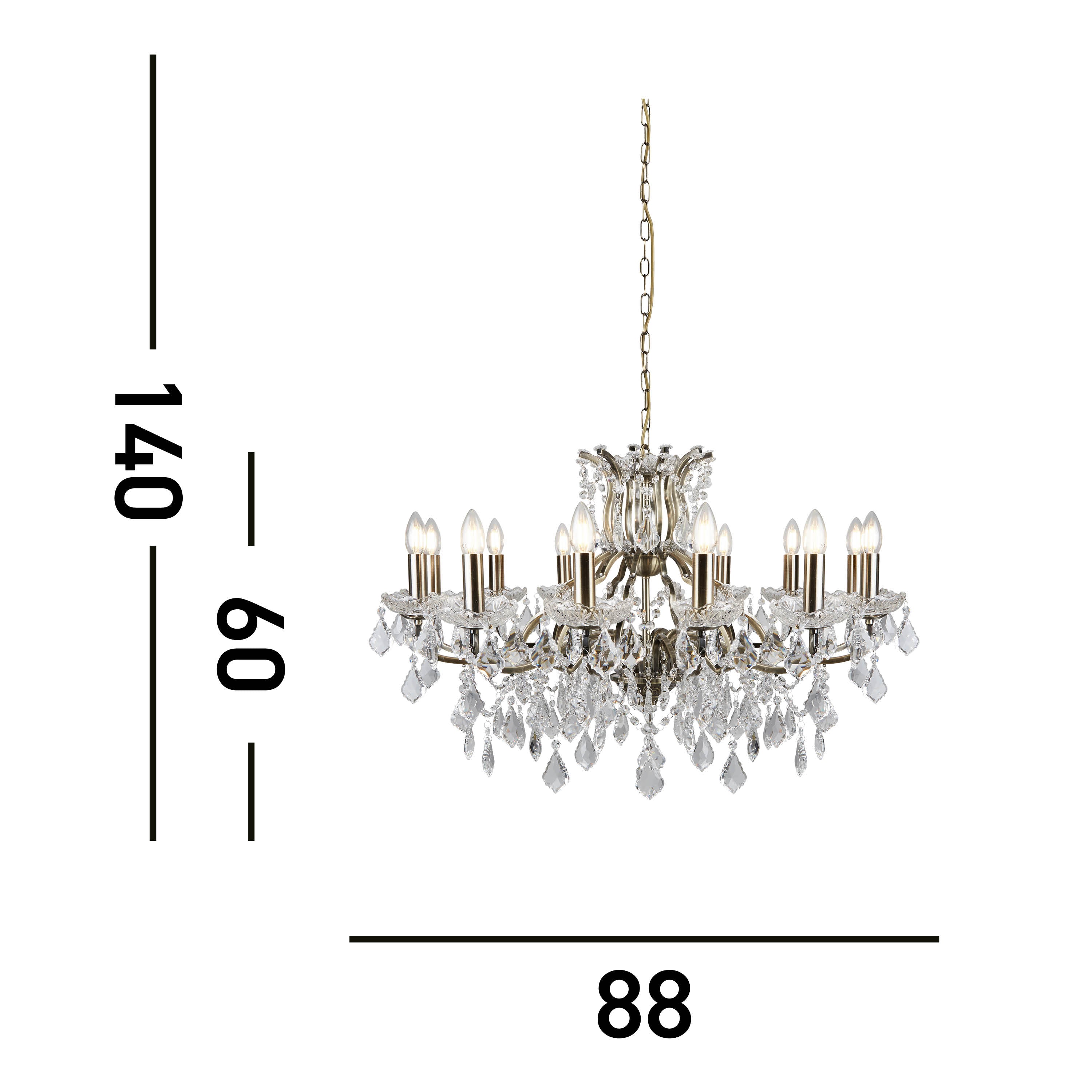 Searchlight Paley 12 Light Chandelier - Antique Brass & Clear Crystal Drops