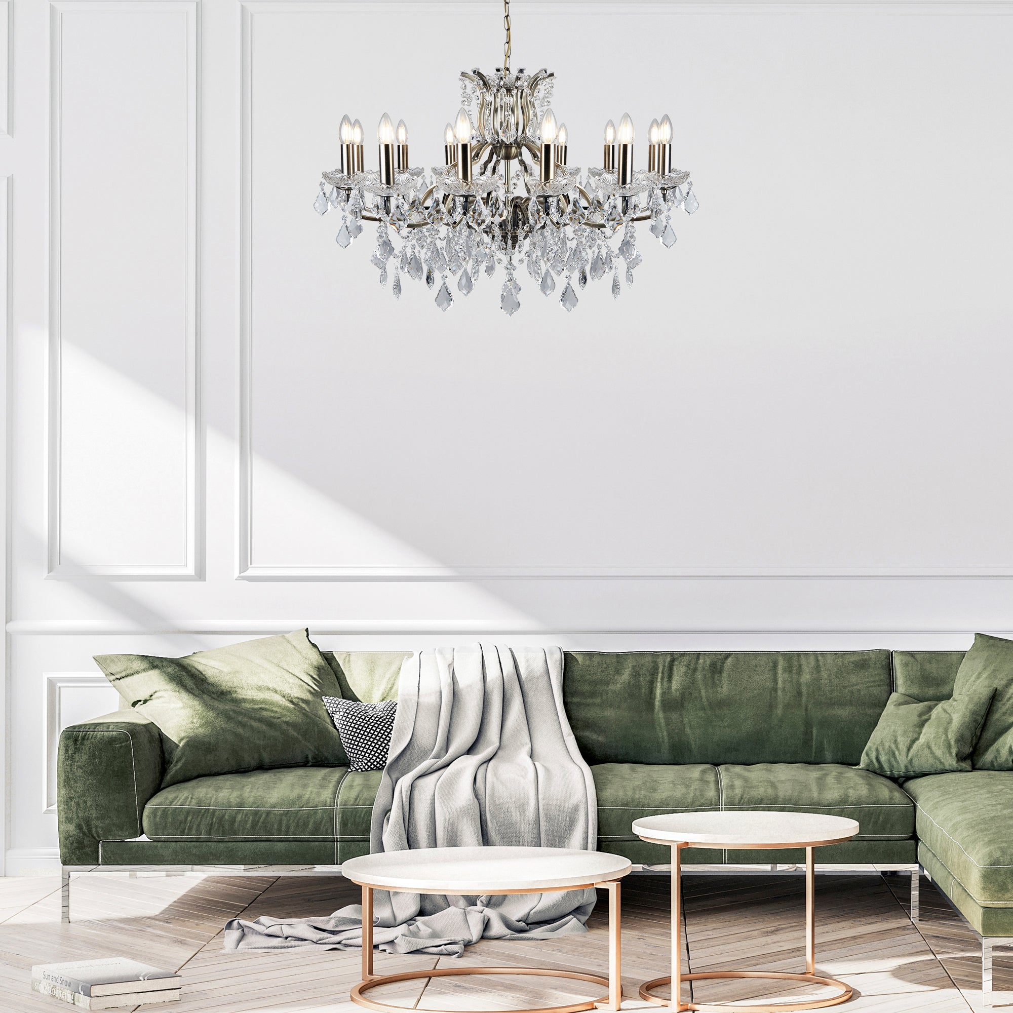 Searchlight Paley 12 Light Chandelier - Antique Brass & Clear Crystal Drops