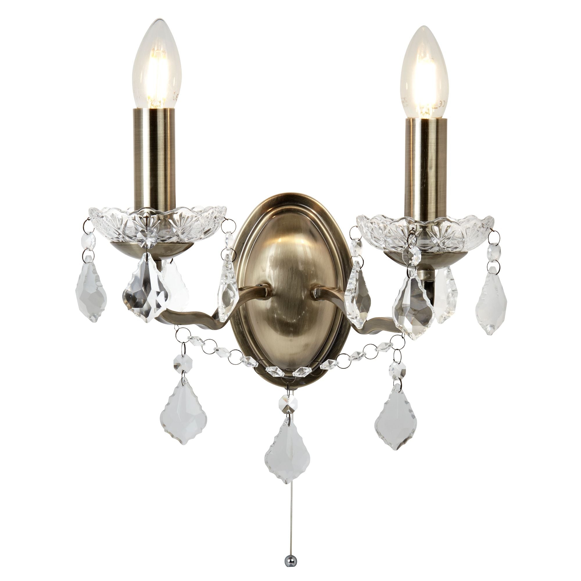 Searchlight Paley 2 Light Wall Light - Antique Brass & Clear Crystal Drops