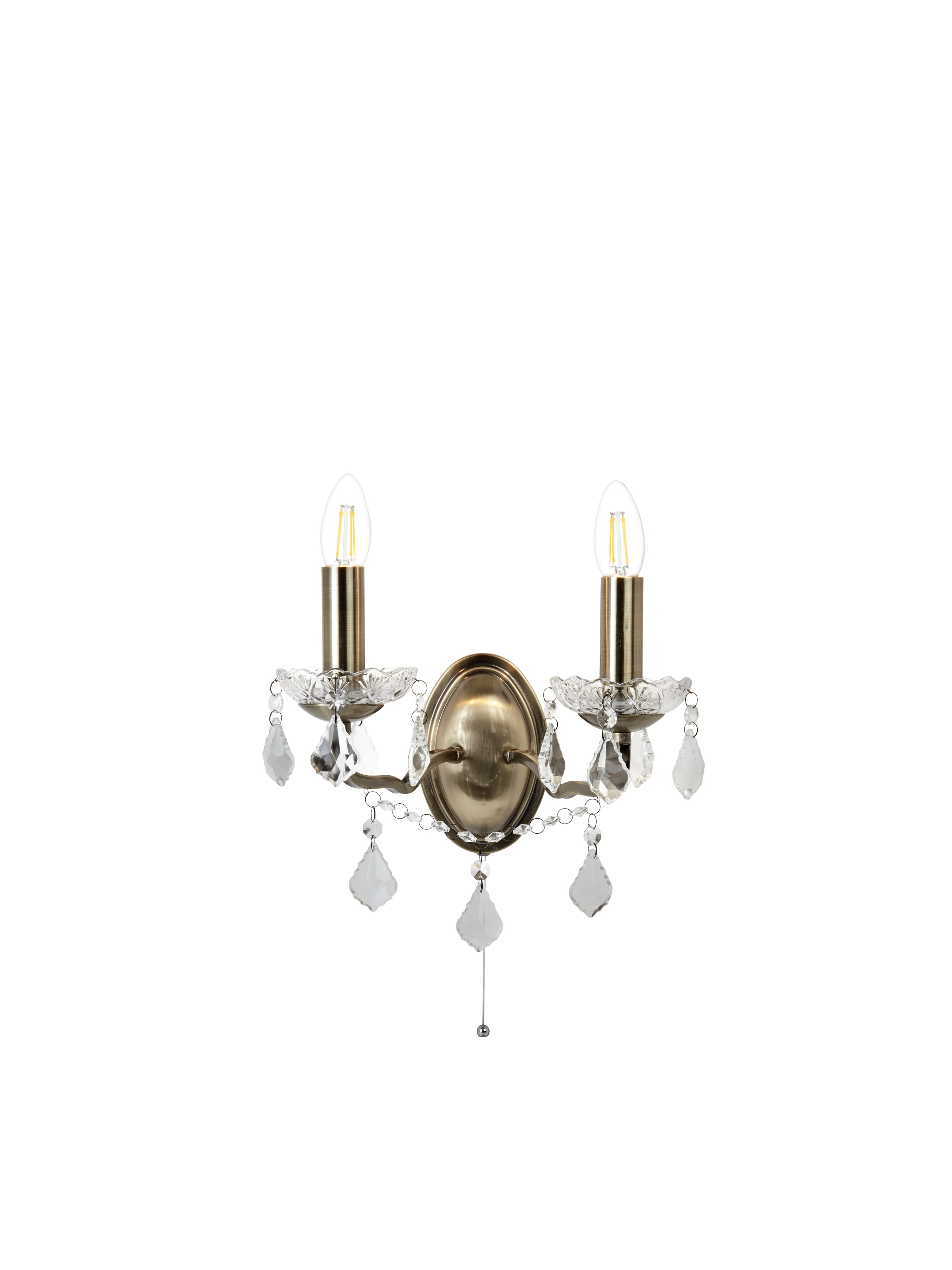 Searchlight Paley 2 Light Wall Light - Antique Brass & Clear Crystal Drops