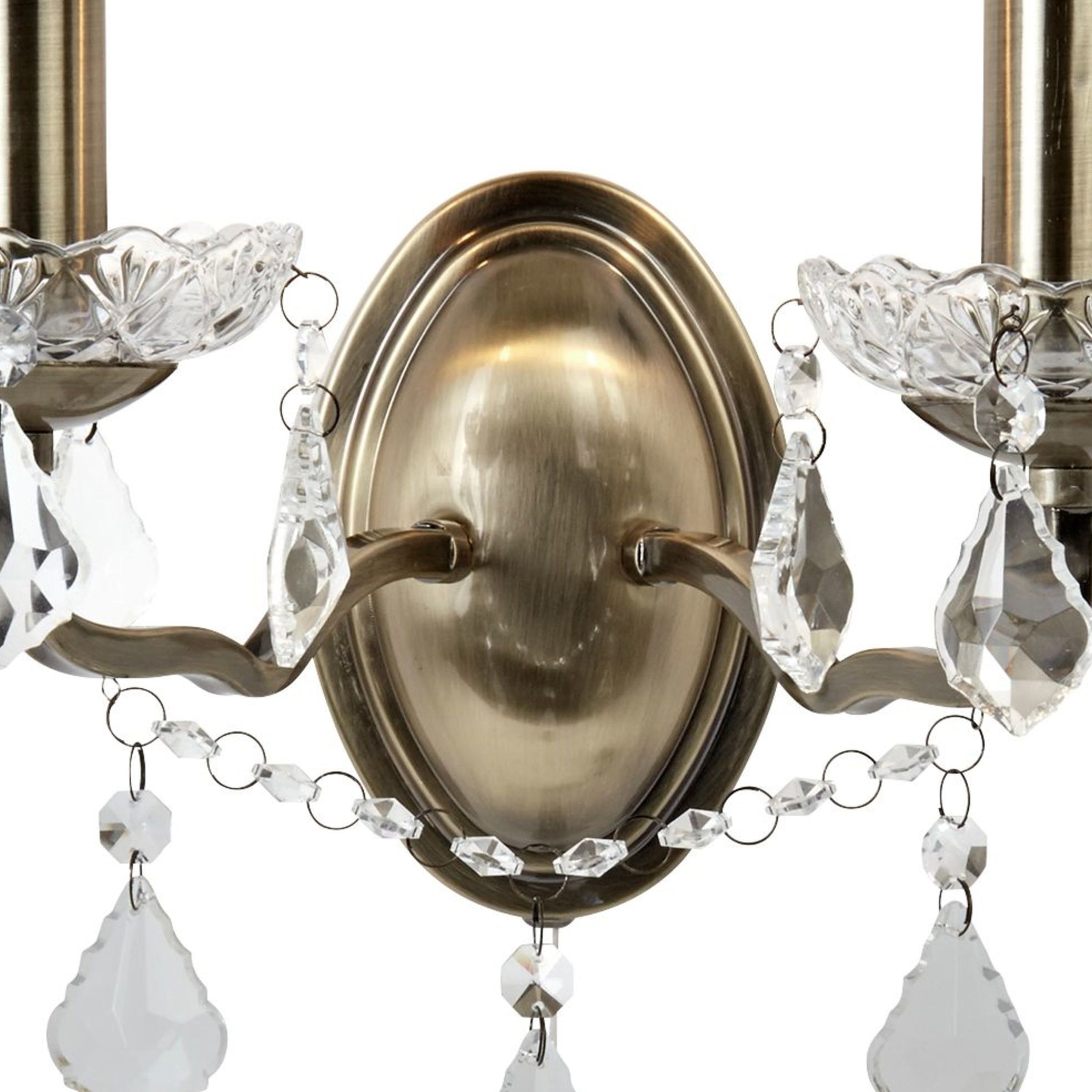 Searchlight Paley 2 Light Wall Light - Antique Brass & Clear Crystal Drops