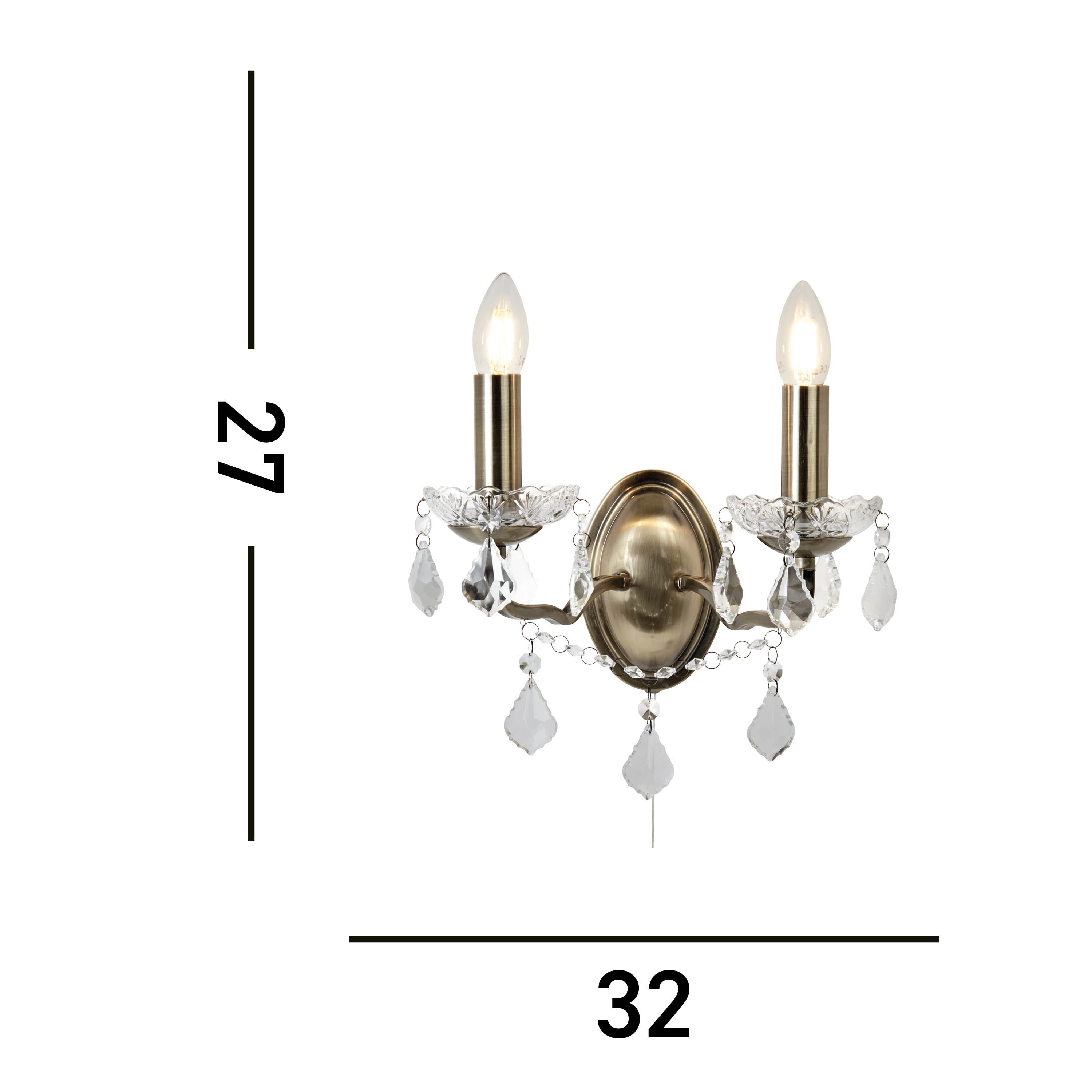 Searchlight Paley 2 Light Wall Light - Antique Brass & Clear Crystal Drops
