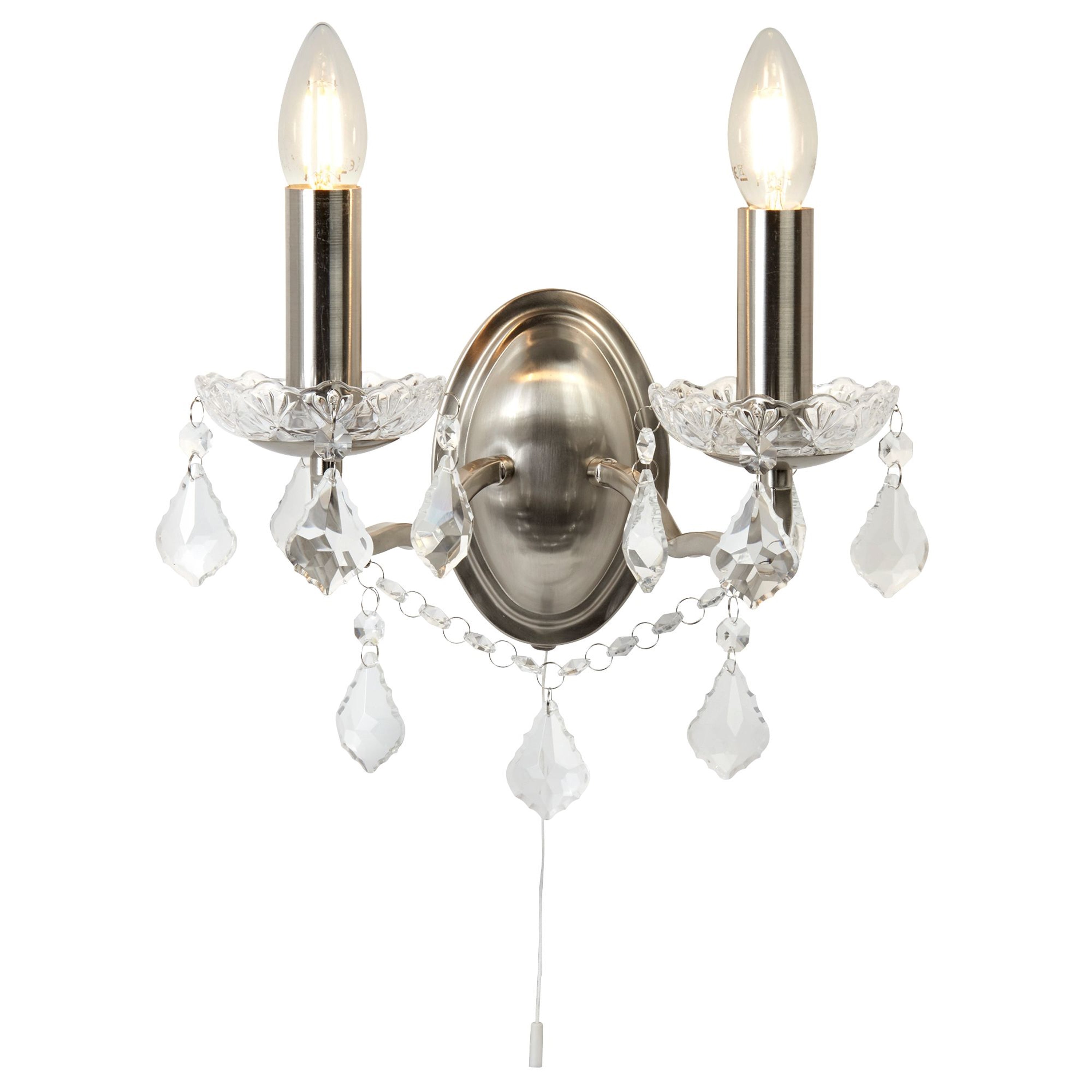 Searchlight Paley 2 Light Wall Light - Satin Silver & Clear Crystal Drops