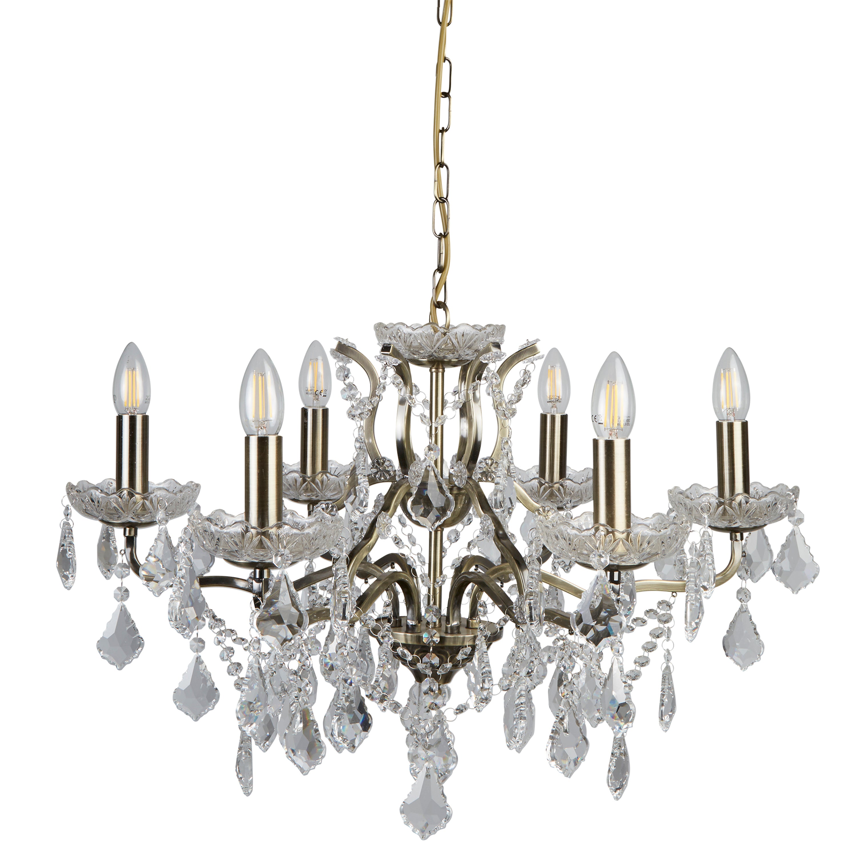 Searchlight Paley 6 Light Chandelier - Antique Brass & Clear Crystal Drops