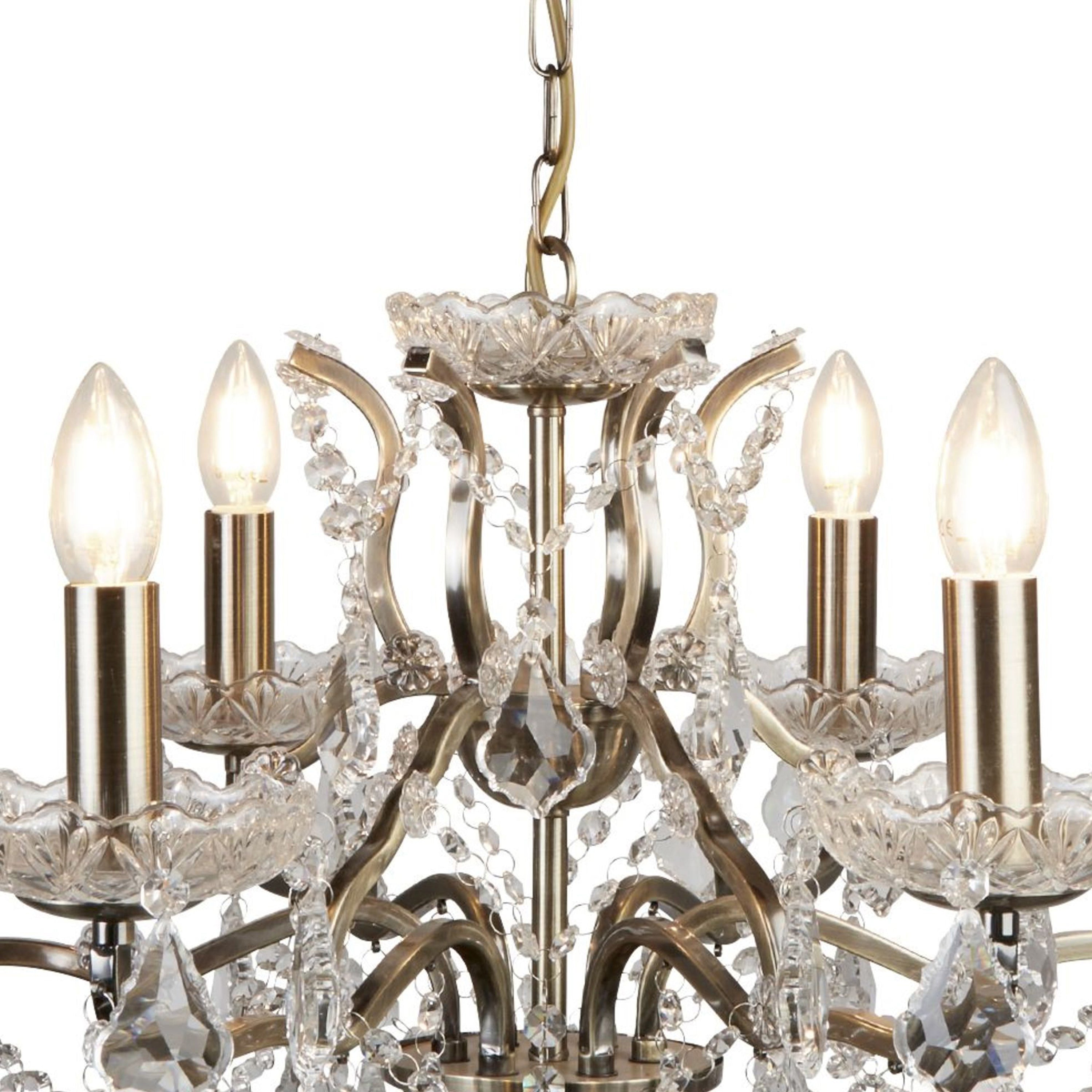 Searchlight Paley 6 Light Chandelier - Antique Brass & Clear Crystal Drops