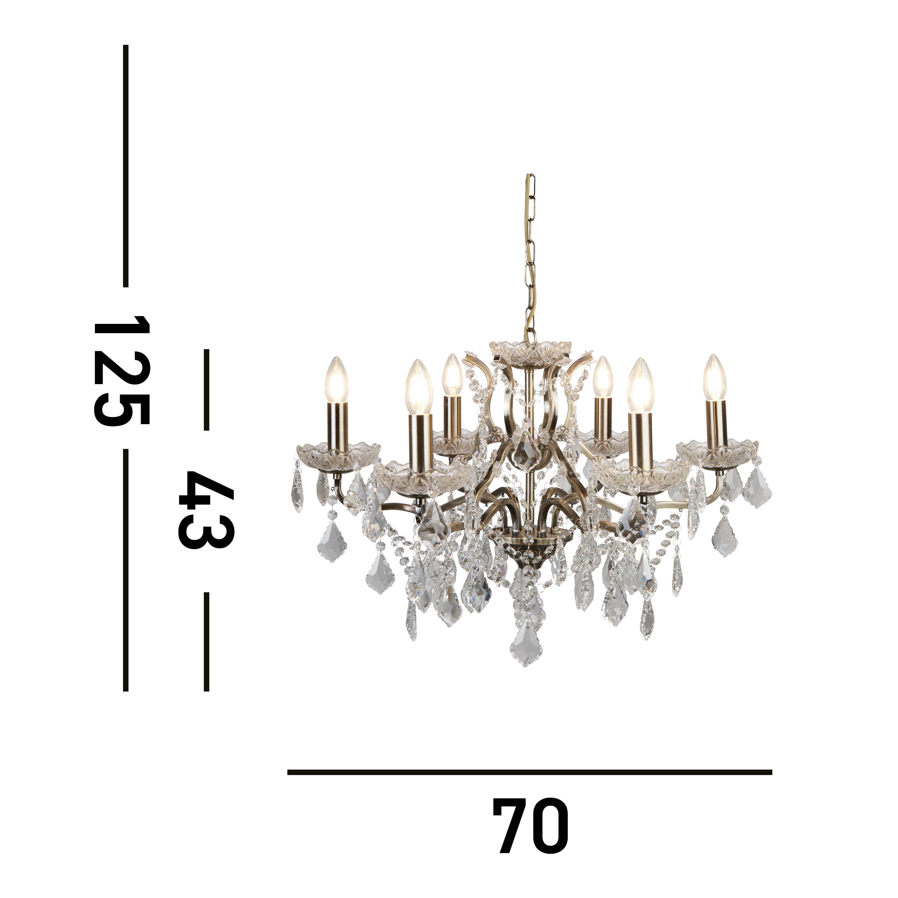 Searchlight Paley 6 Light Chandelier - Antique Brass & Clear Crystal Drops