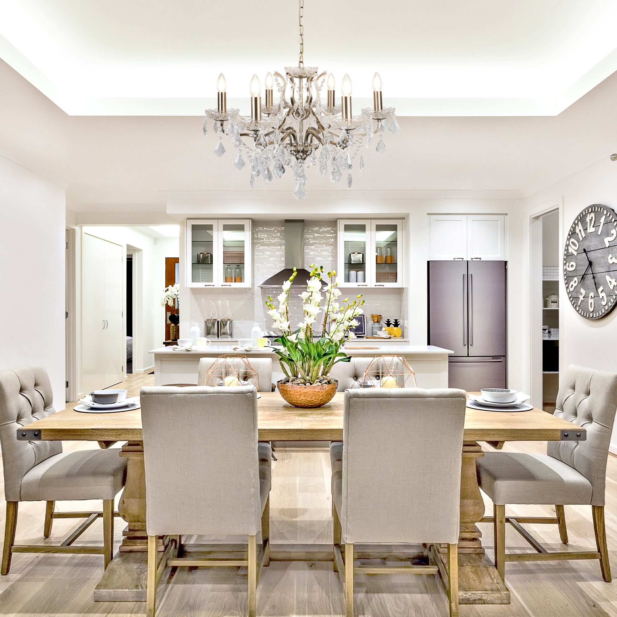 Searchlight Paley 6 Light Chandelier - Antique Brass & Clear Crystal Drops