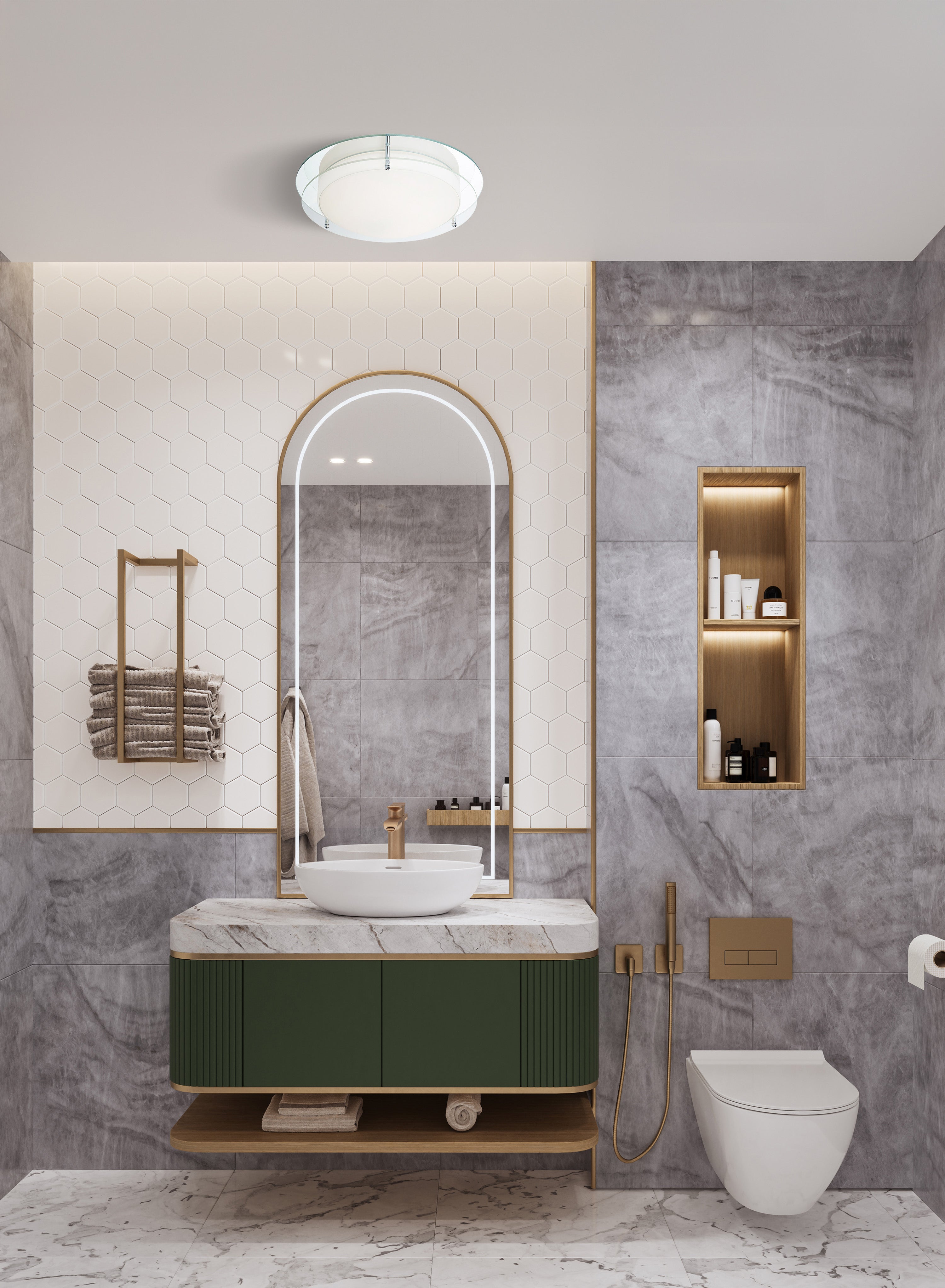 Searchlight Langham LED Bathroom Flush - Chrome, Mirror & Opal Glass - IP44