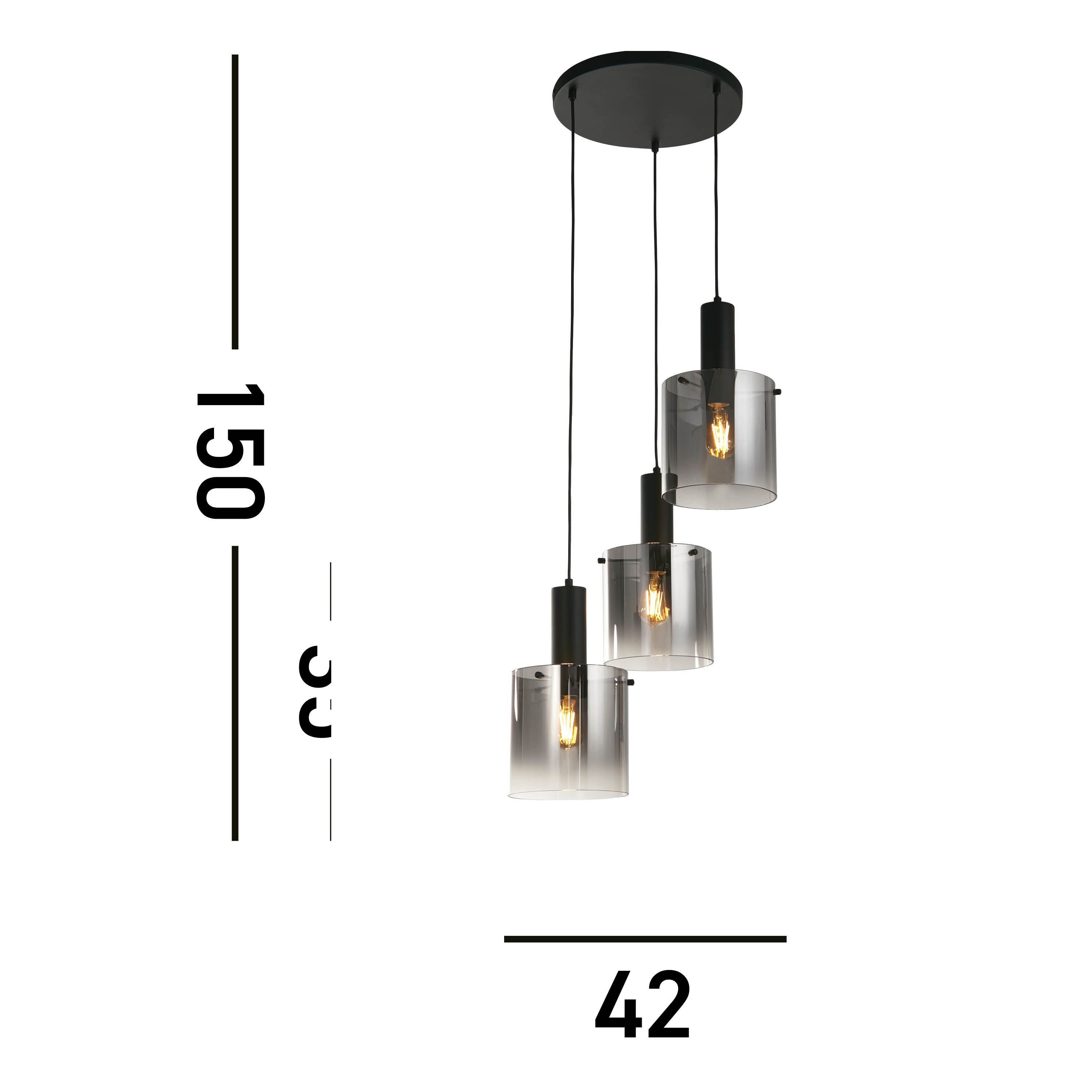 Searchlight Stirling 3 Light Multi-Drop Pendant - Black & Smoked Glass