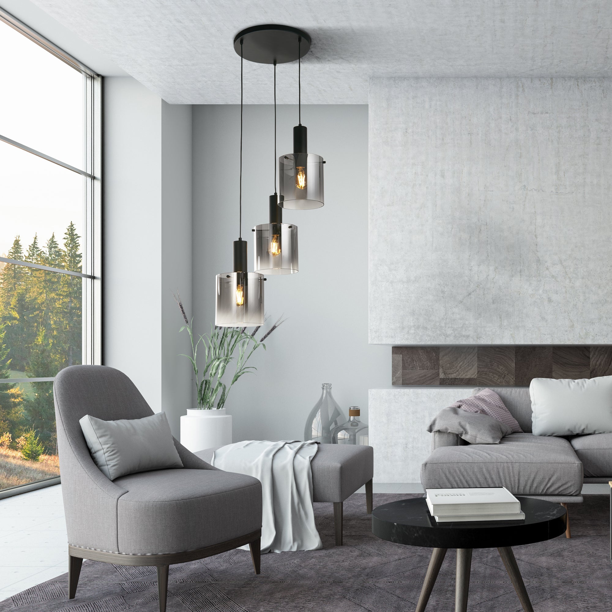 Searchlight Stirling 3 Light Multi-Drop Pendant - Black & Smoked Glass