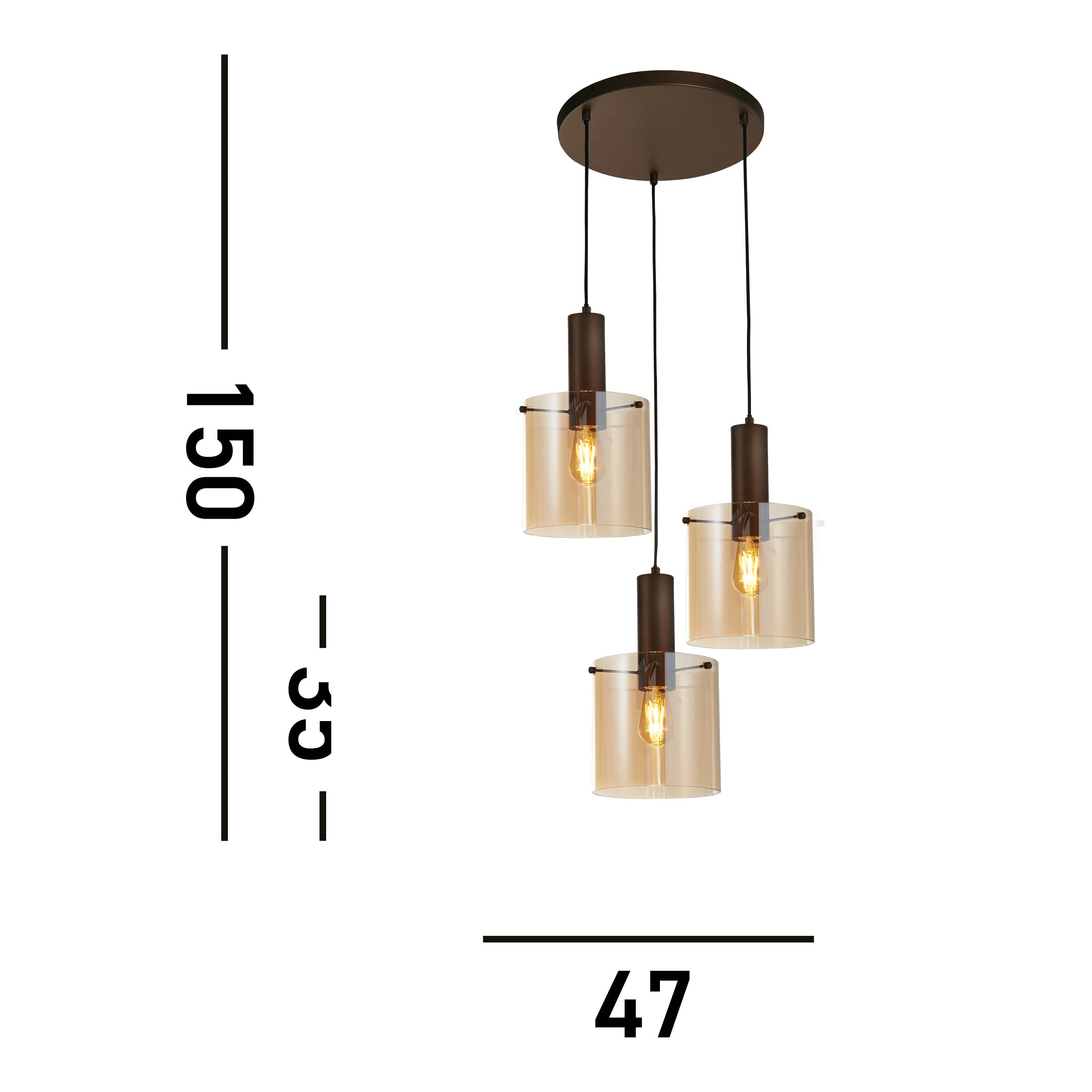Searchlight Stirling 3 Light Multi-Drop Pendant - Mocha & Amber Glass