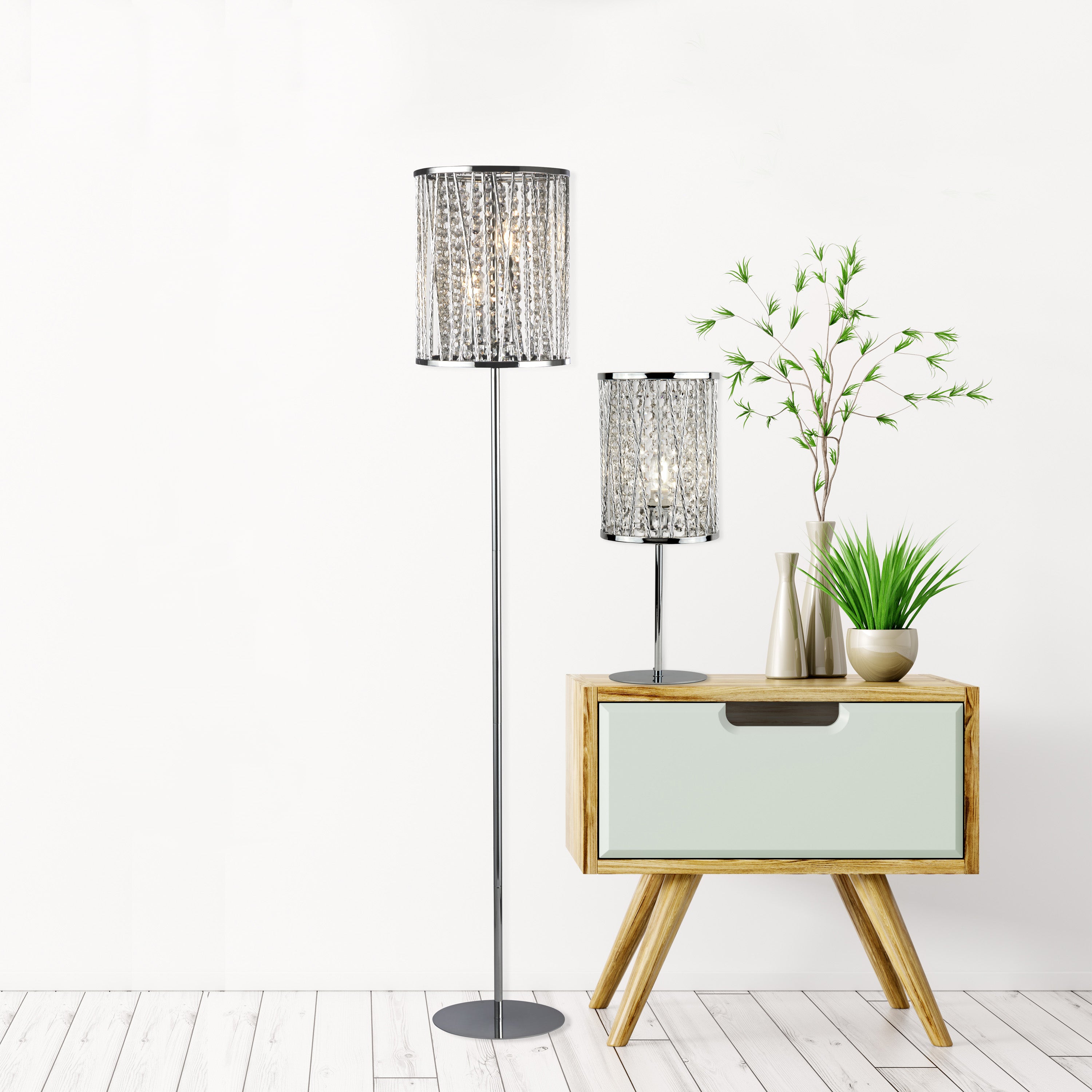 Searchlight Edgeware 2 Light Floor Lamp - Chrome & Crystal Drops