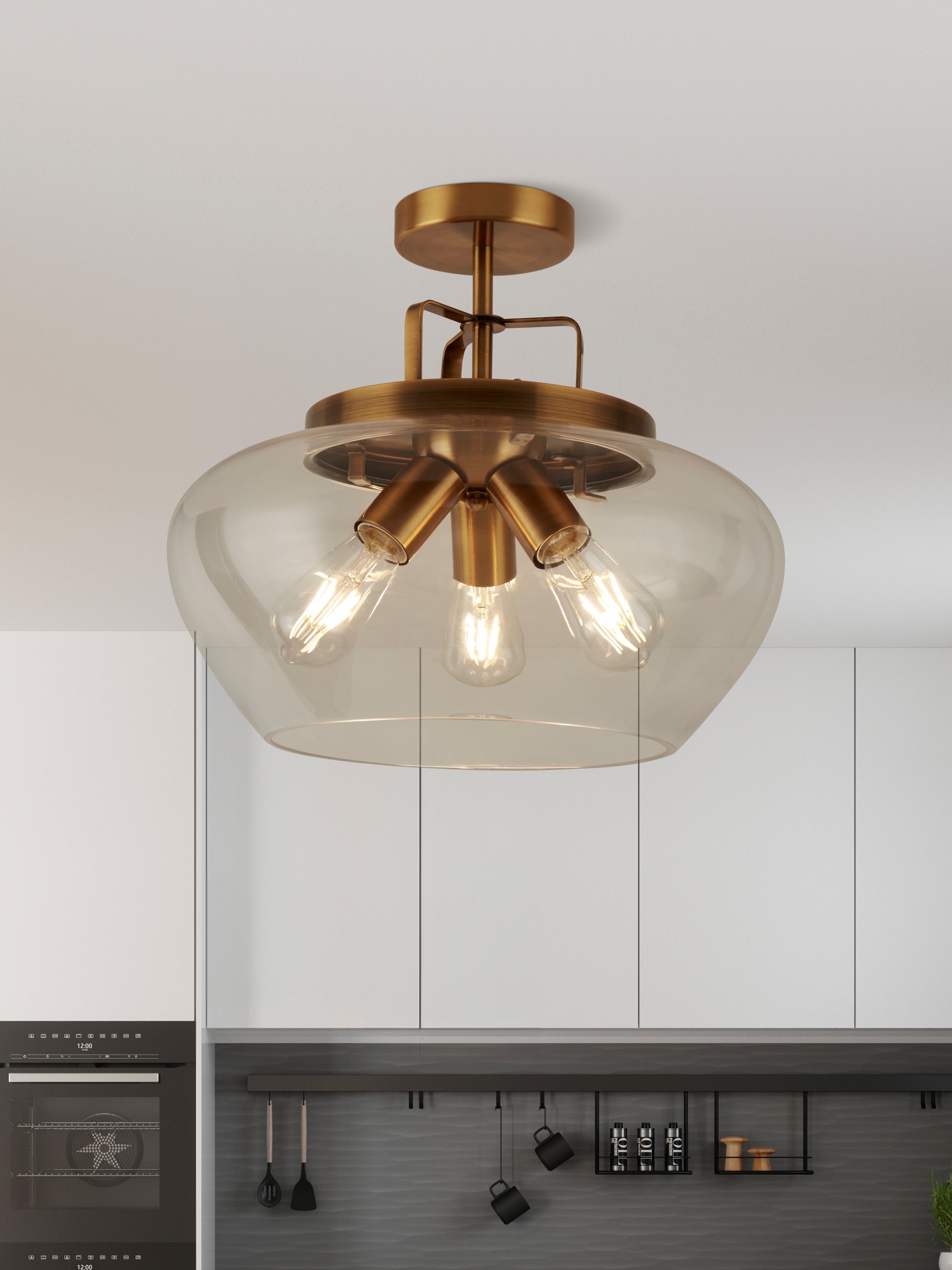 Searchlight Burleigh 3 Light Semi-Flush Ceiling Light - Bronze & Clear Glass