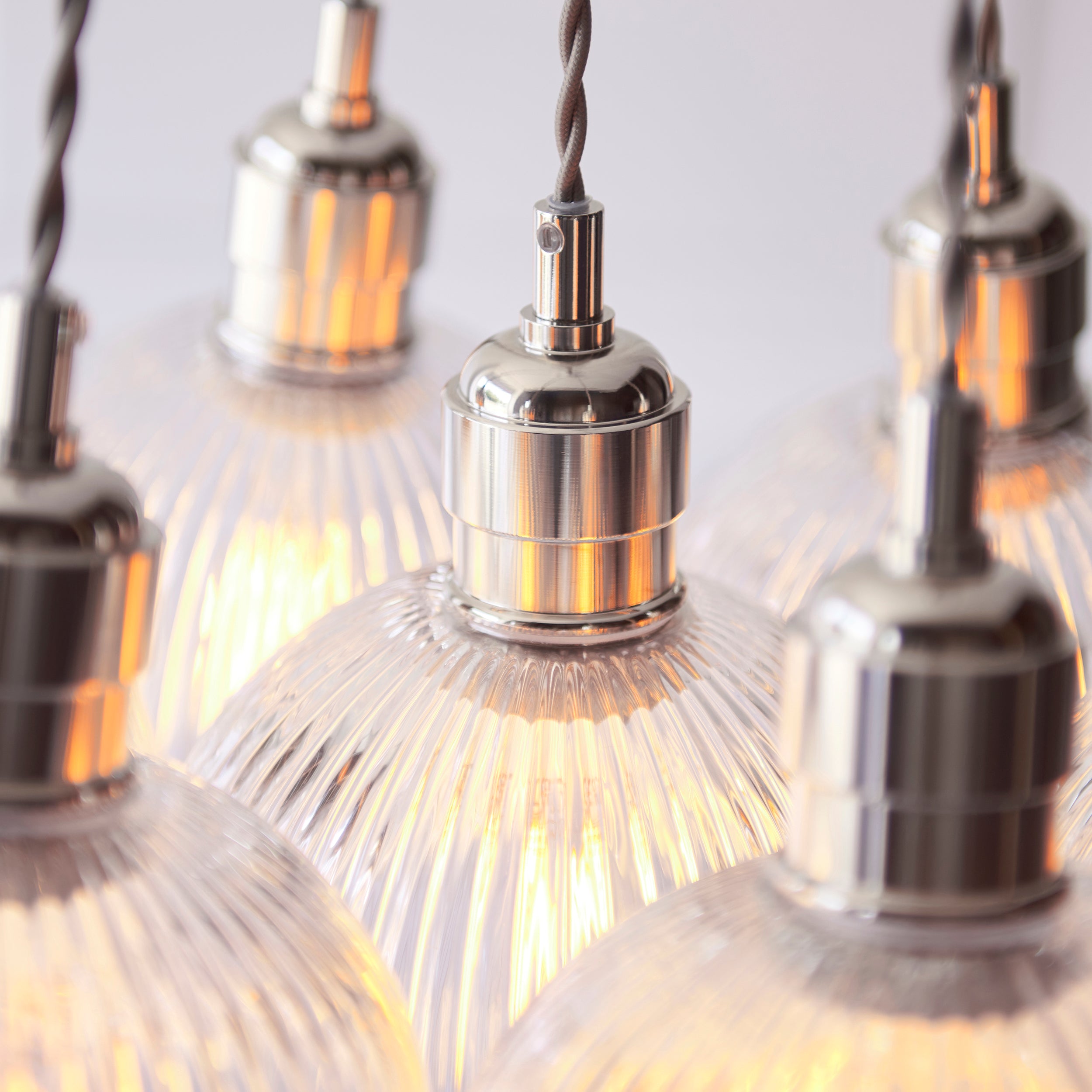 Utopia Finesse 7 Light Cluster Ceiling Pendant - Bright Nickel & Clear Ribbed Glass