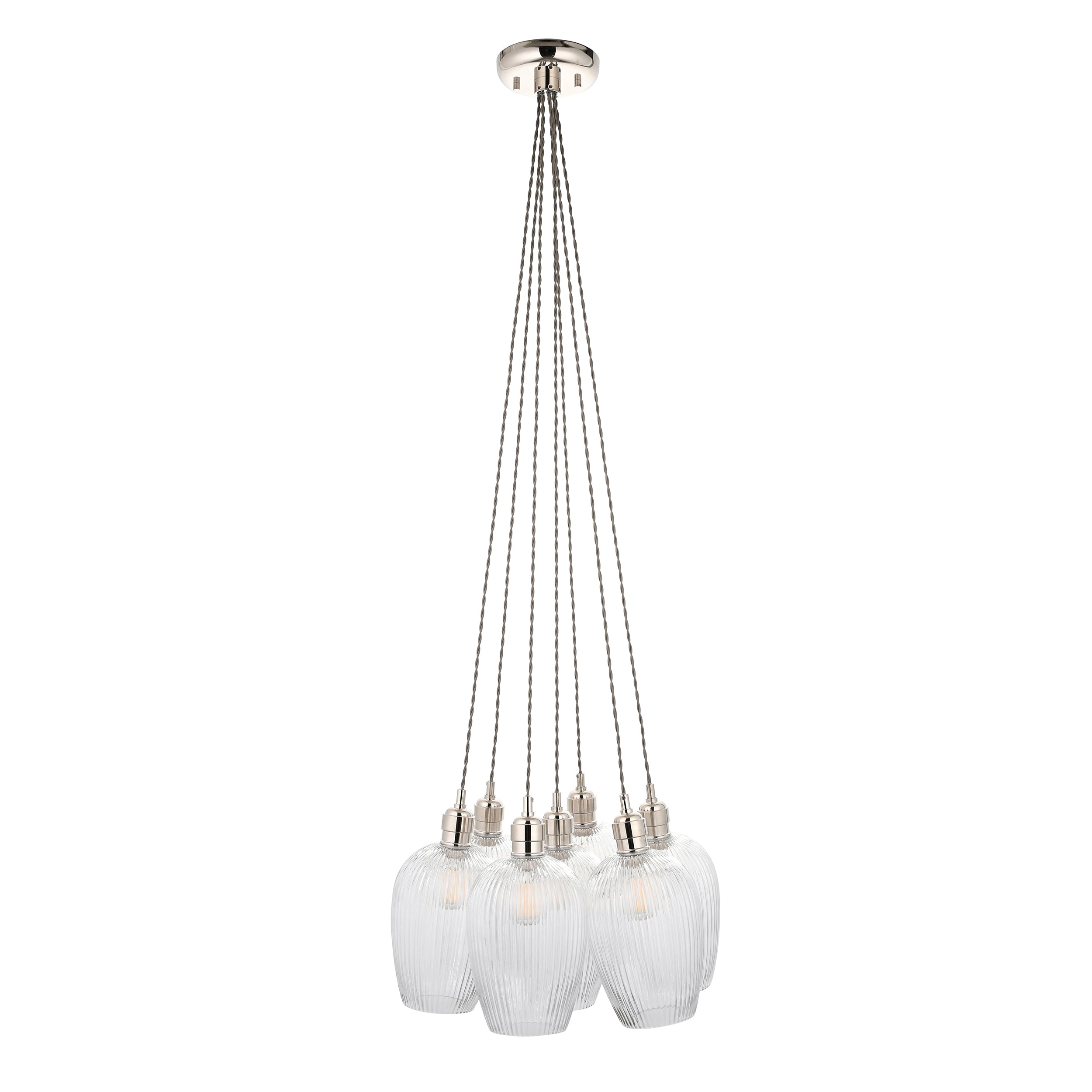 Utopia Finesse 7 Light Cluster Ceiling Pendant - Bright Nickel & Clear Ribbed Glass