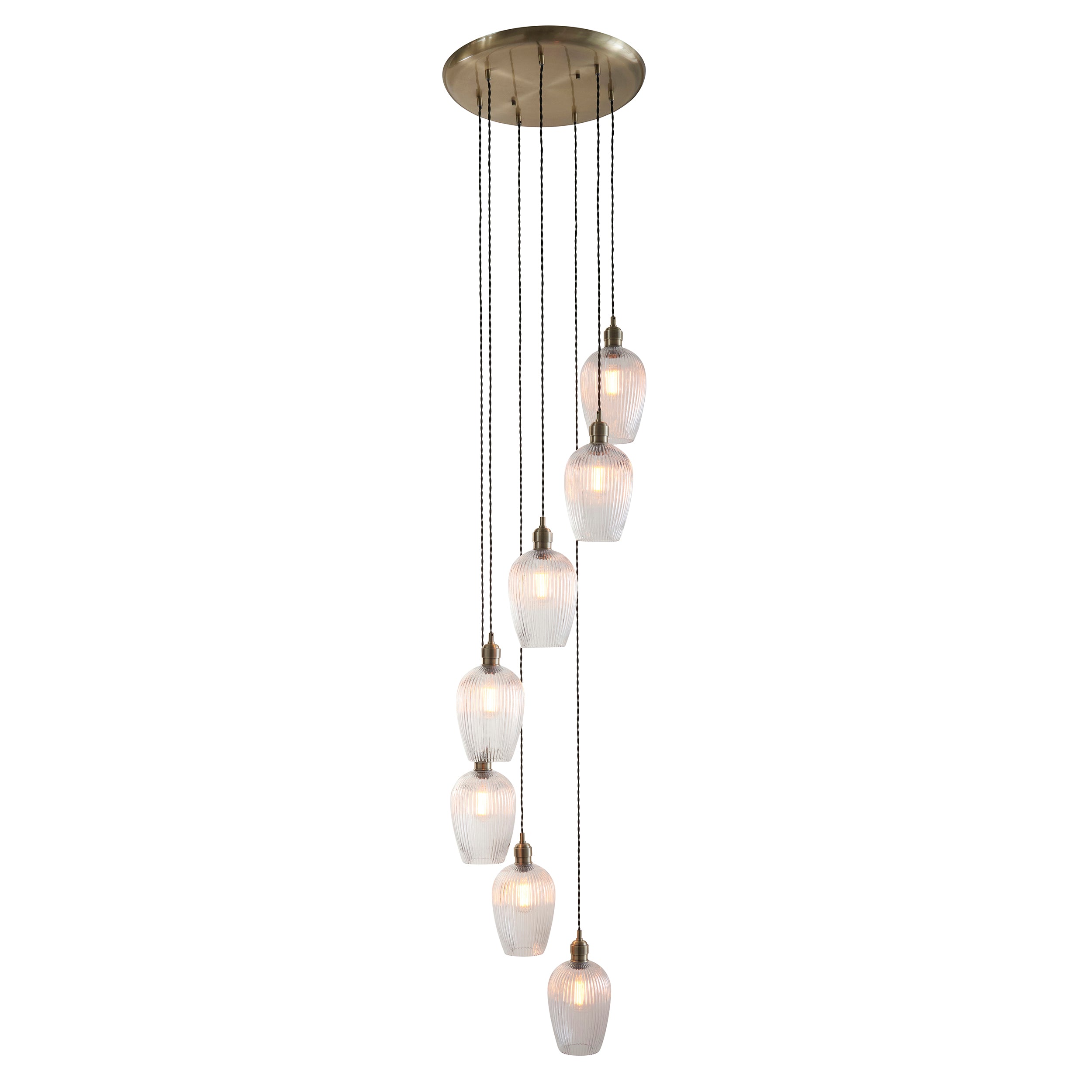 Utopia Finesse 7 Light Cascade Ceiling Pendant - Antique Brass & Clear Ribbed Glass