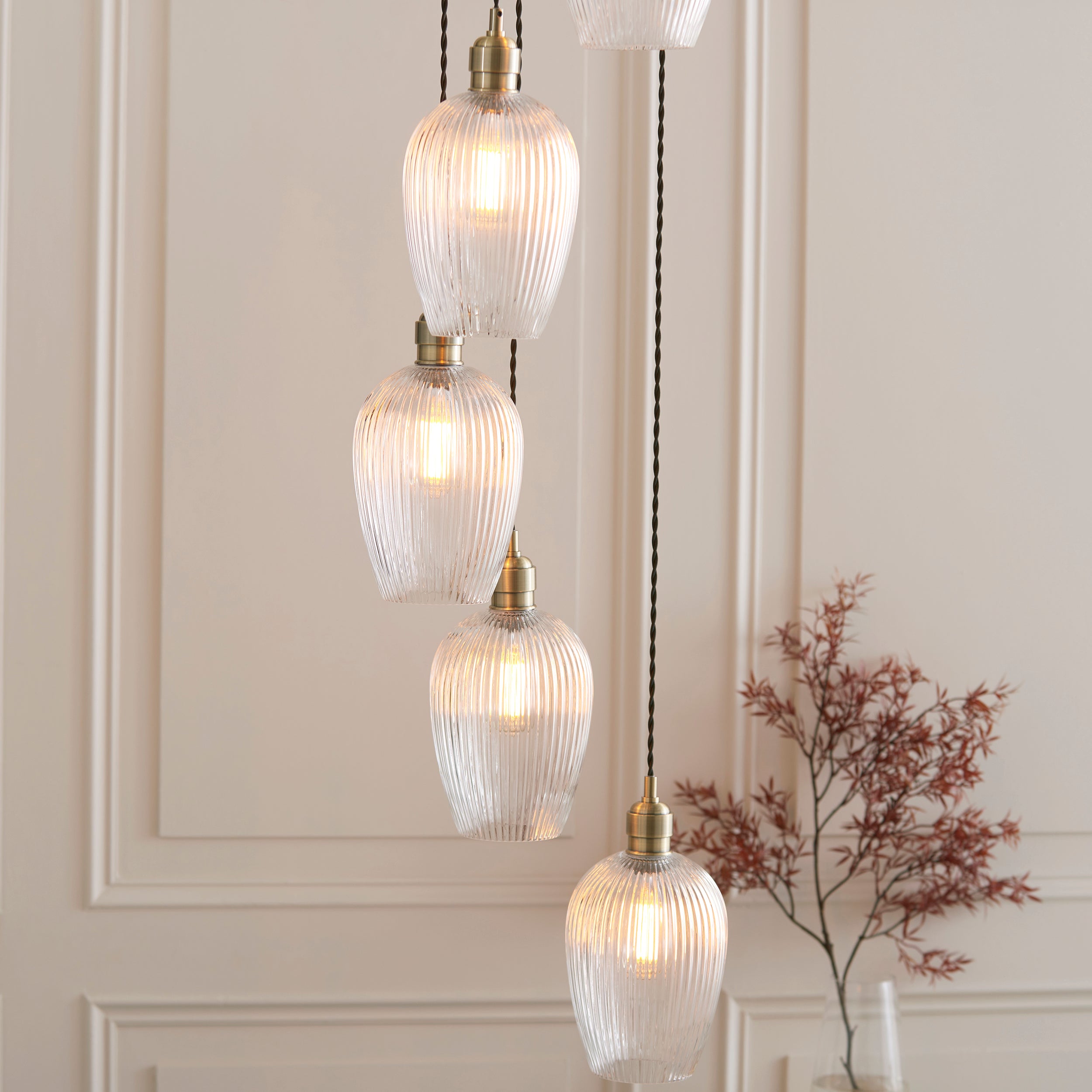 Utopia Finesse 7 Light Cascade Ceiling Pendant - Antique Brass & Clear Ribbed Glass