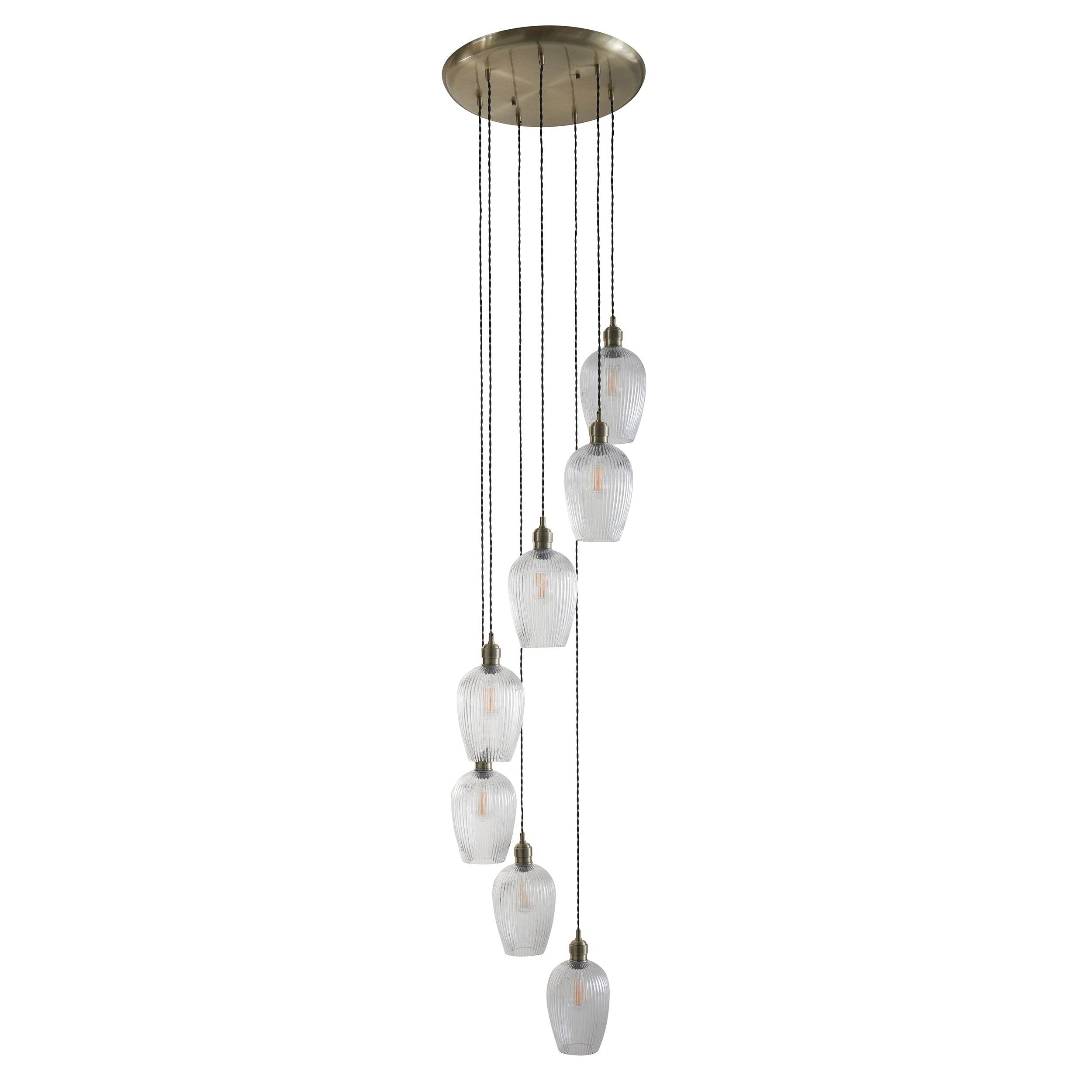 Utopia Finesse 7 Light Cascade Ceiling Pendant - Antique Brass & Clear Ribbed Glass