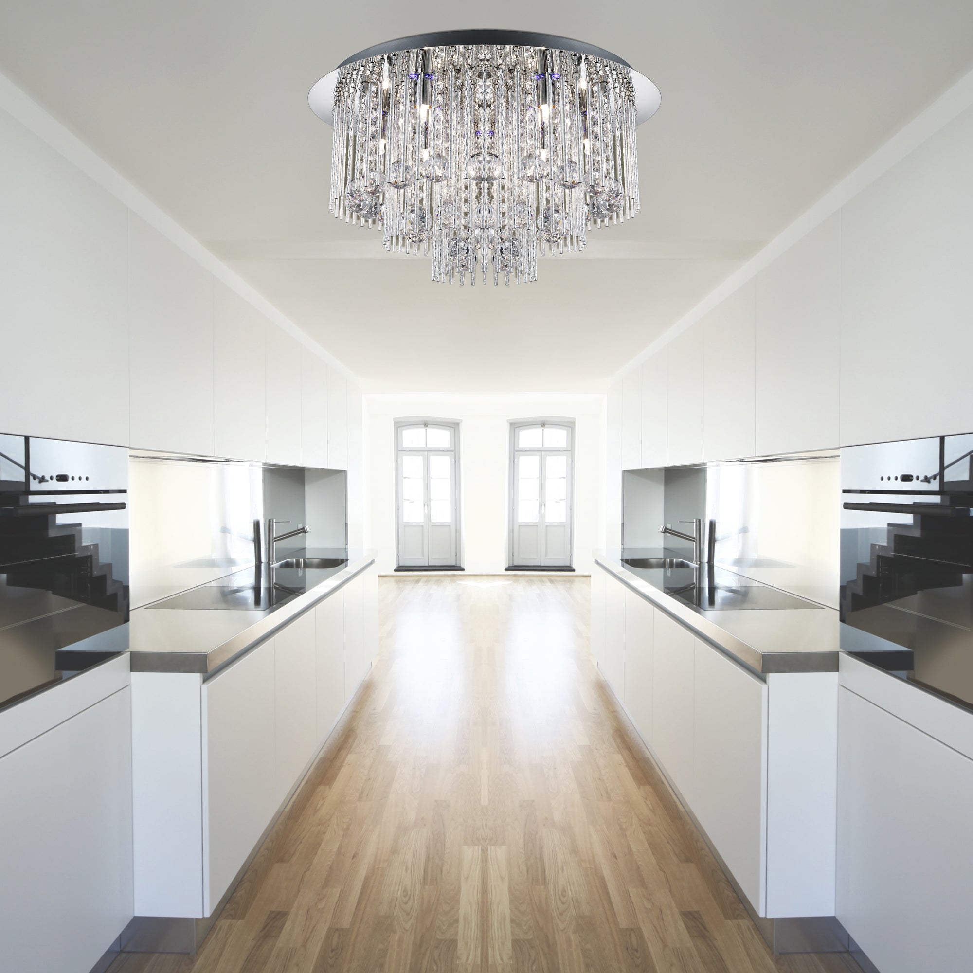 Searchlight Barrington 8 Light Blue LED Ceiling Flush - Chrome & Crystal