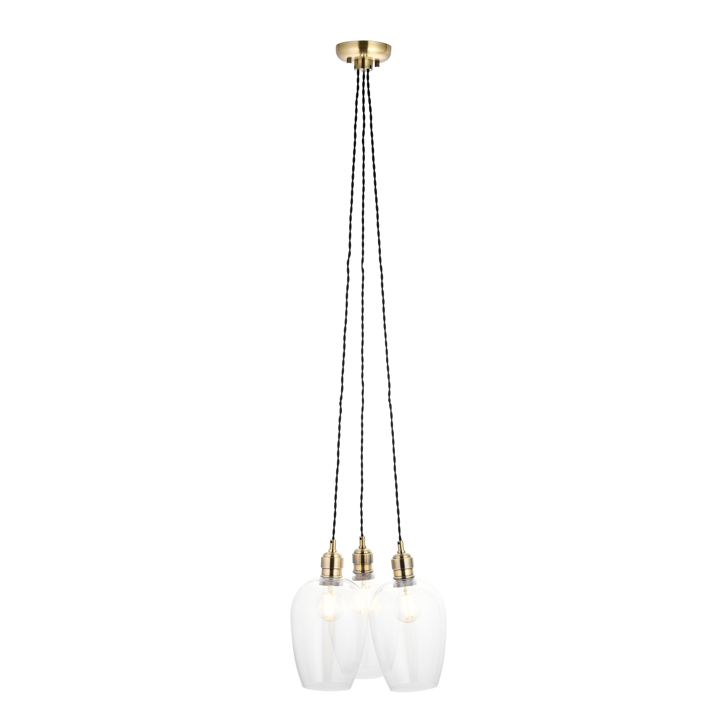 Utopia Finesse 3 Light Cluster Ceiling Pendant - Antique Brass & Clear Glass