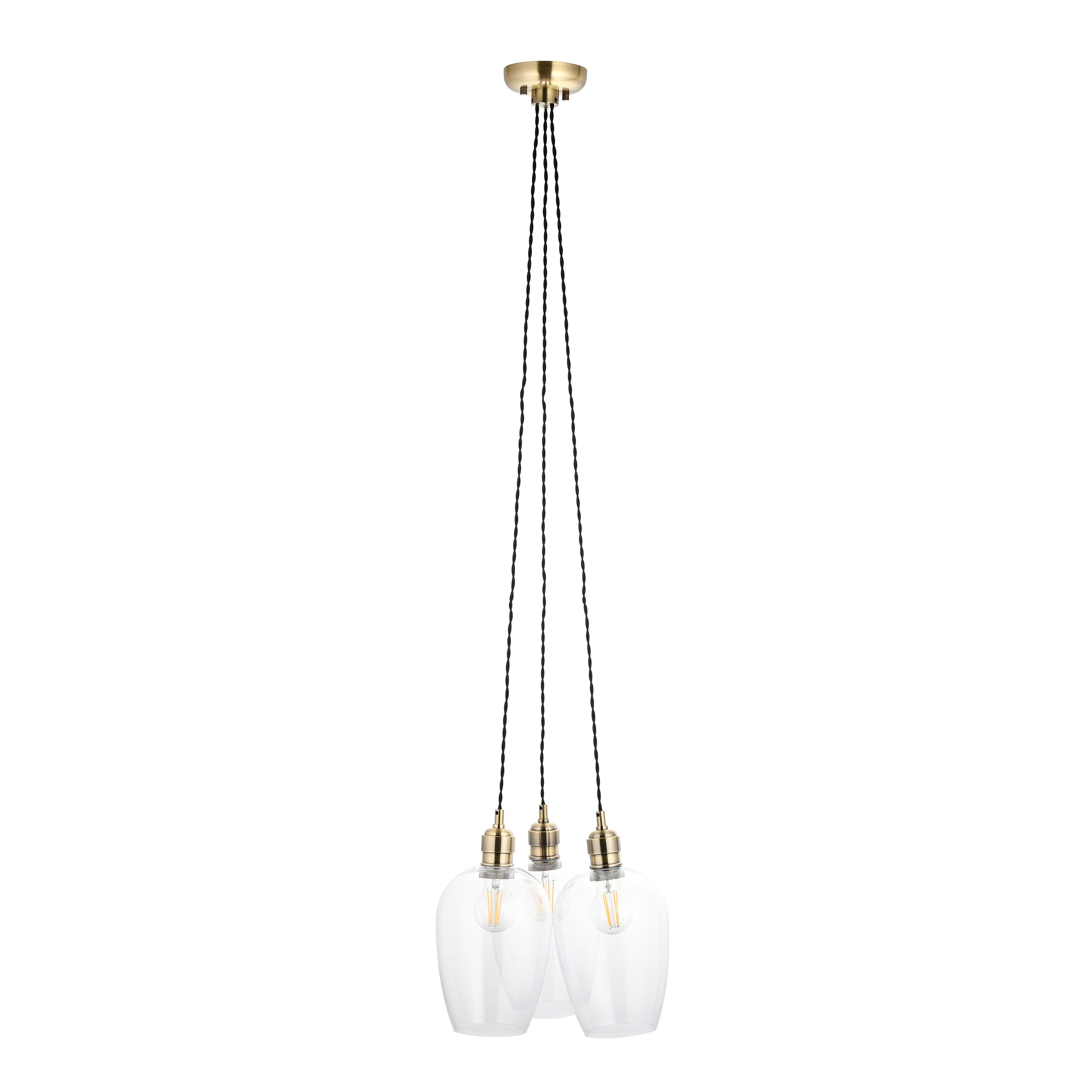 Utopia Finesse 3 Light Cluster Ceiling Pendant - Antique Brass & Clear Glass
