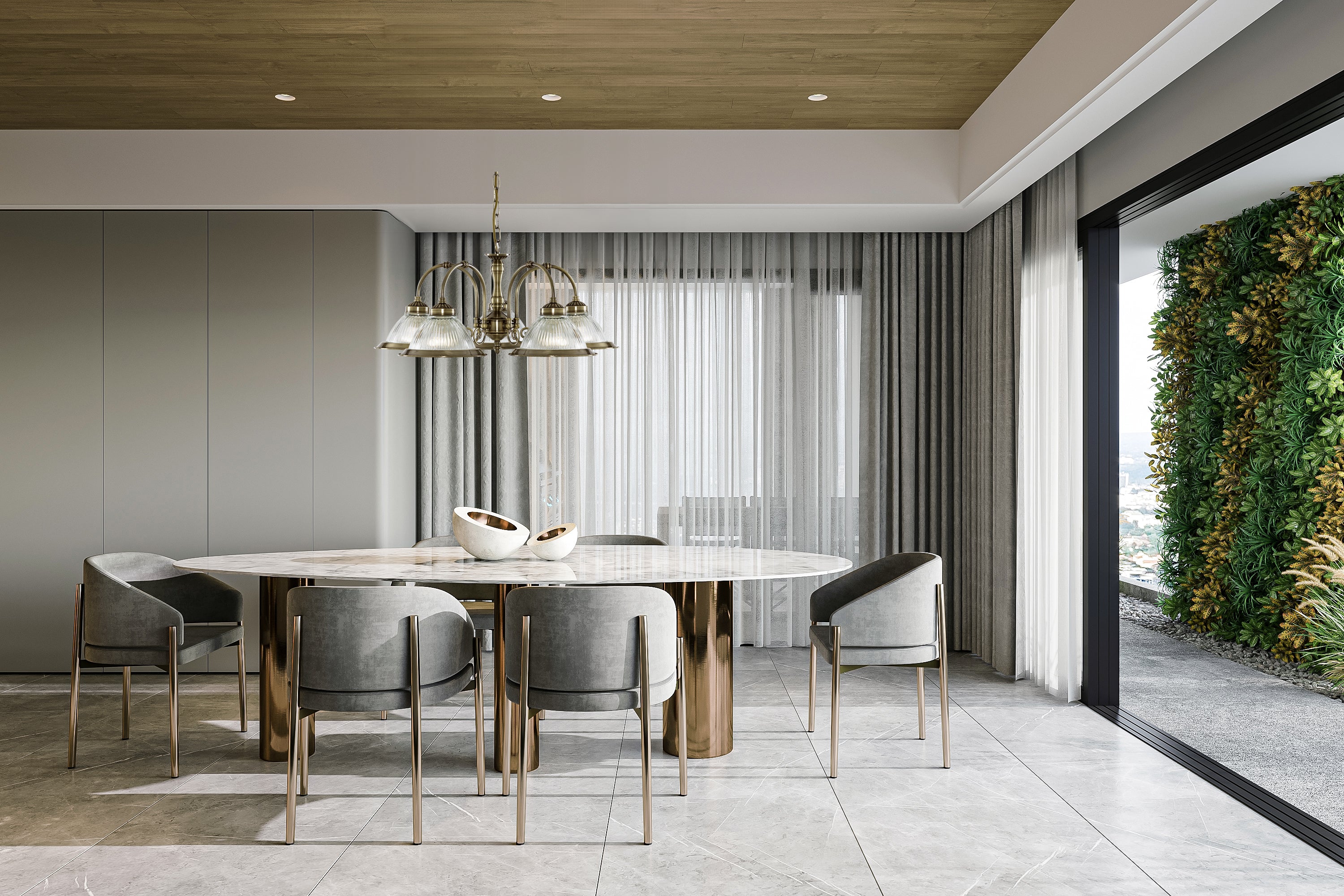 Searchlight Aintree 5 Light Ceiling Pendant - Antique Brass & Glass