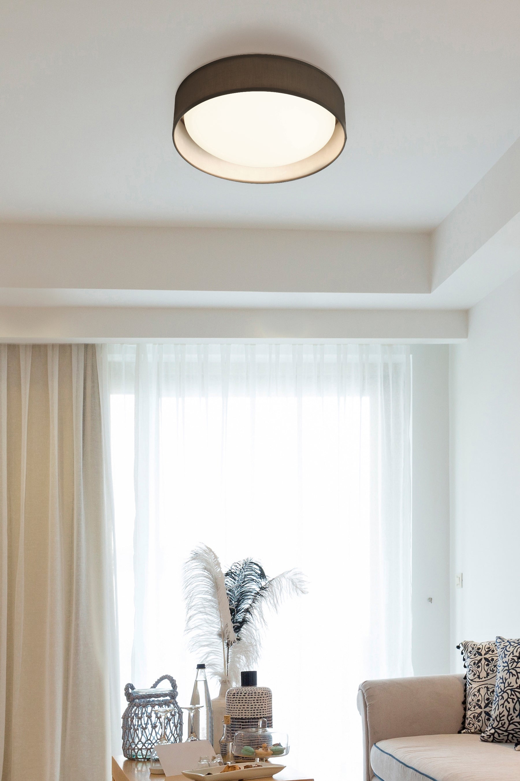 Searchlight Garson LED Flush Ceiling Light Large - Acrylic & Grey Fabric Shade