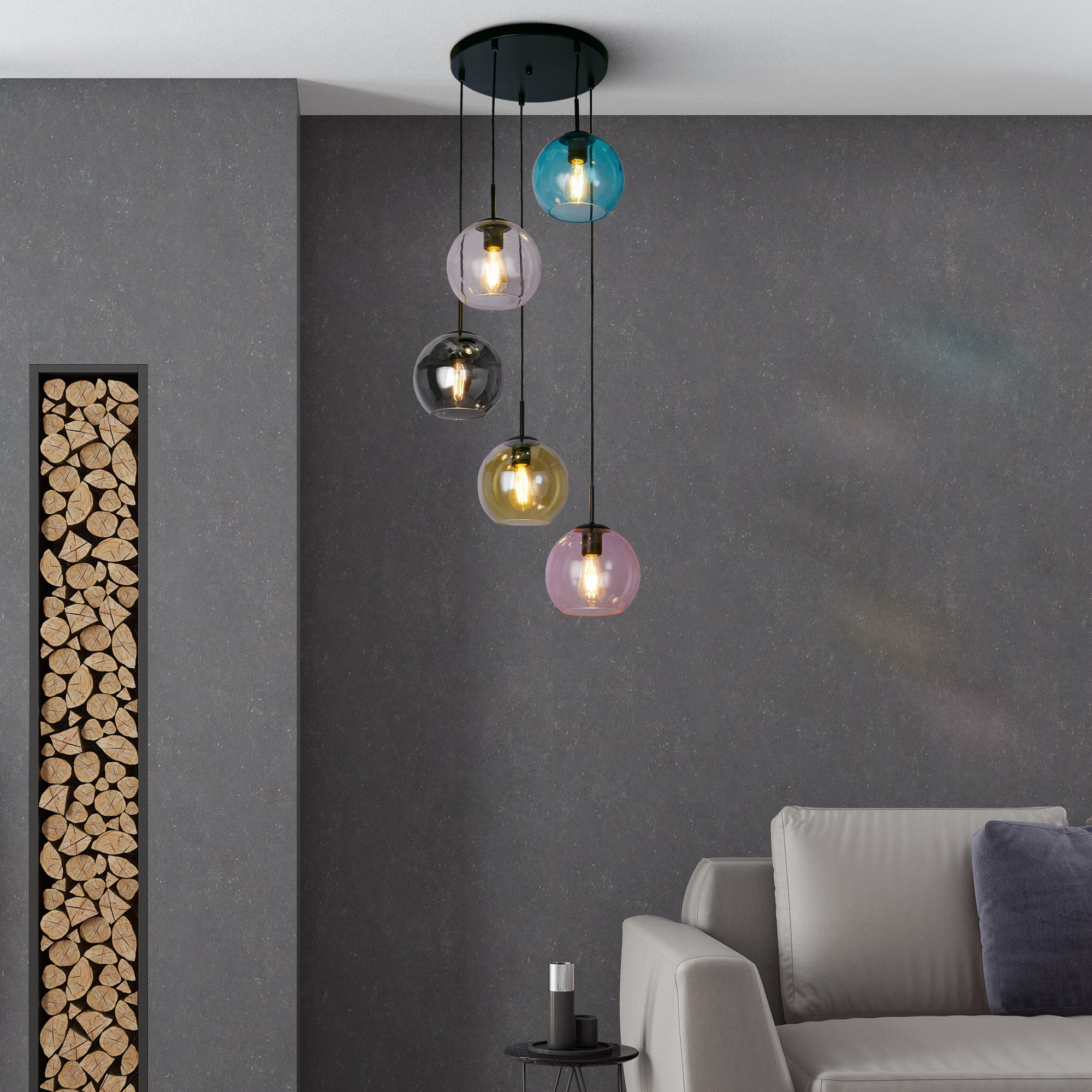 Searchlight Malwood II 5 Light Pendant - Black & Coloured Glass