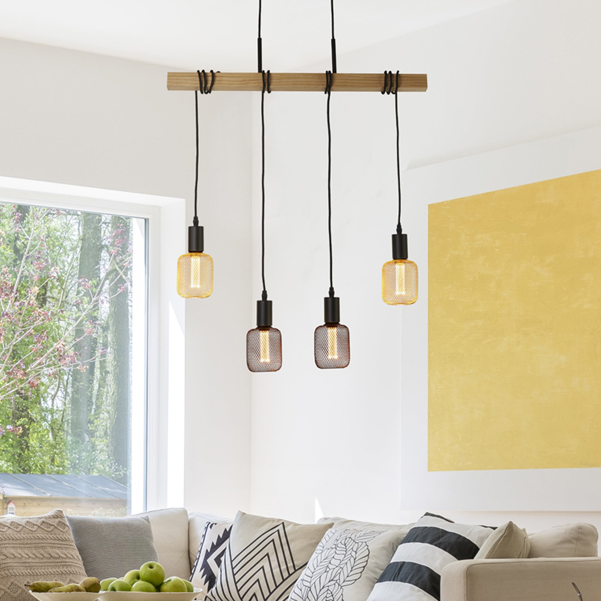Searchlight Woodstock 4 Light Bar Pendant - Natural Wood & Black