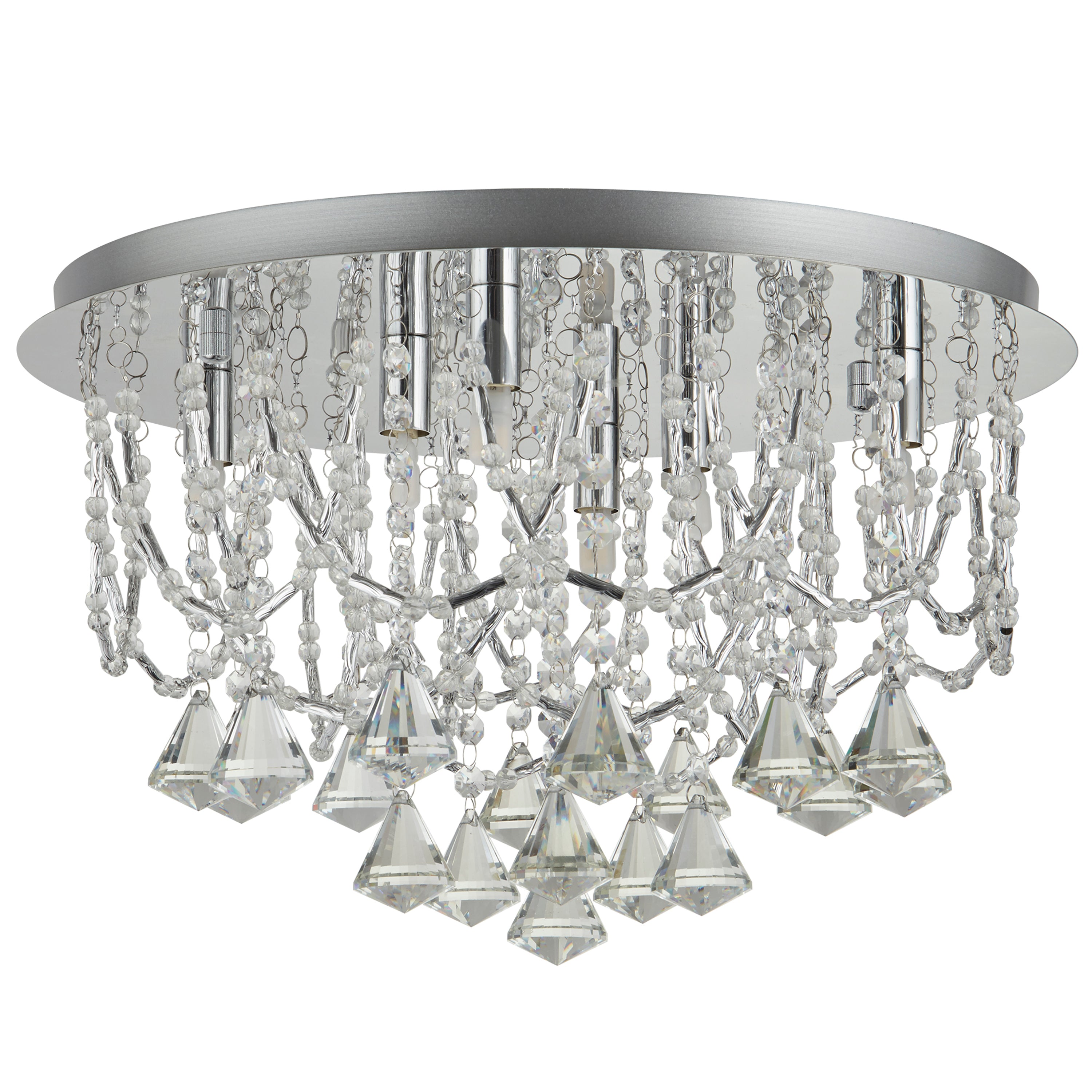 Searchlight Mary 6 Light Flush - Chrome & Clear Crystal Pyramid Drops