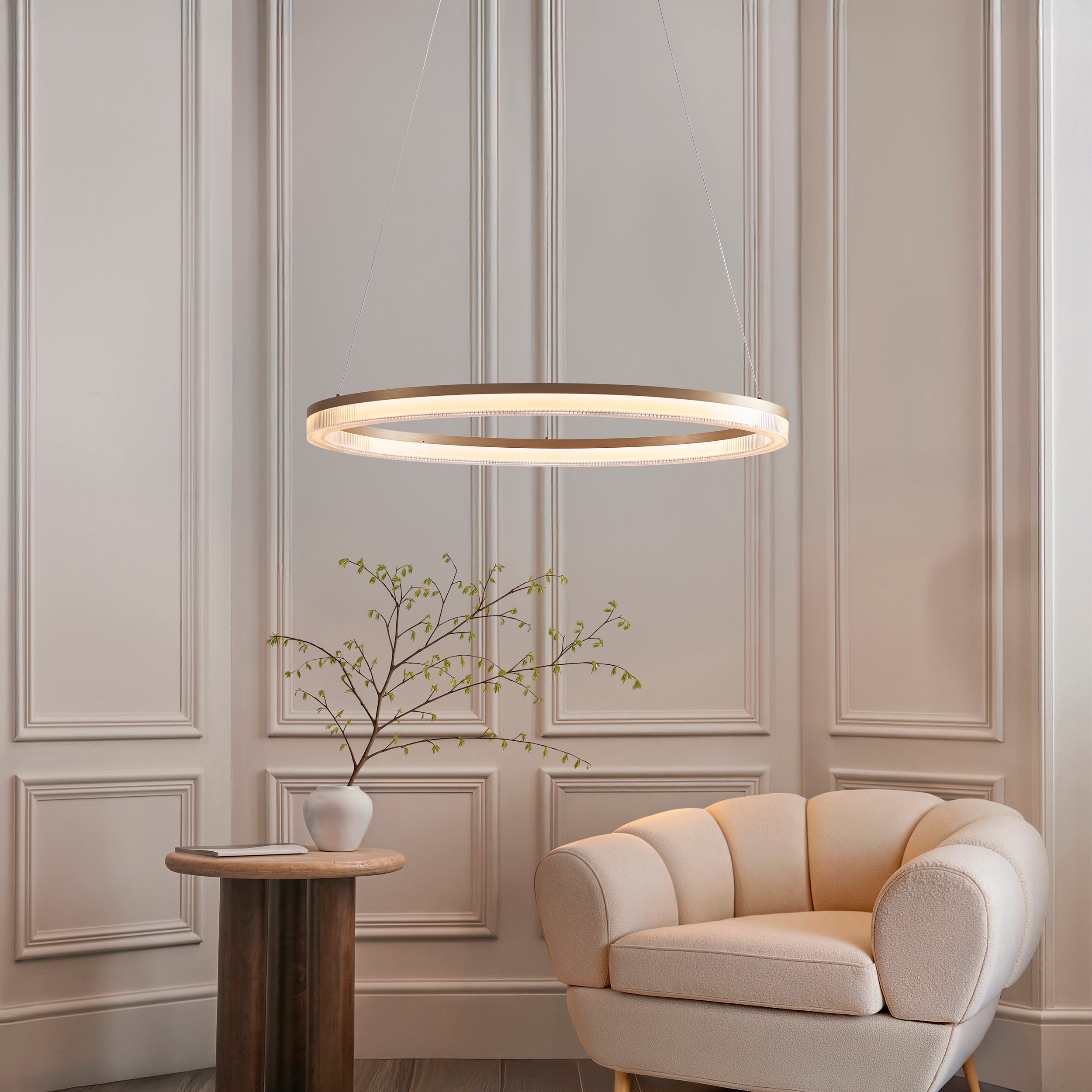 Utopia Orbit Led Hoop Pendant - Brushed Gold Plate & Opal Ribbed Acrylic