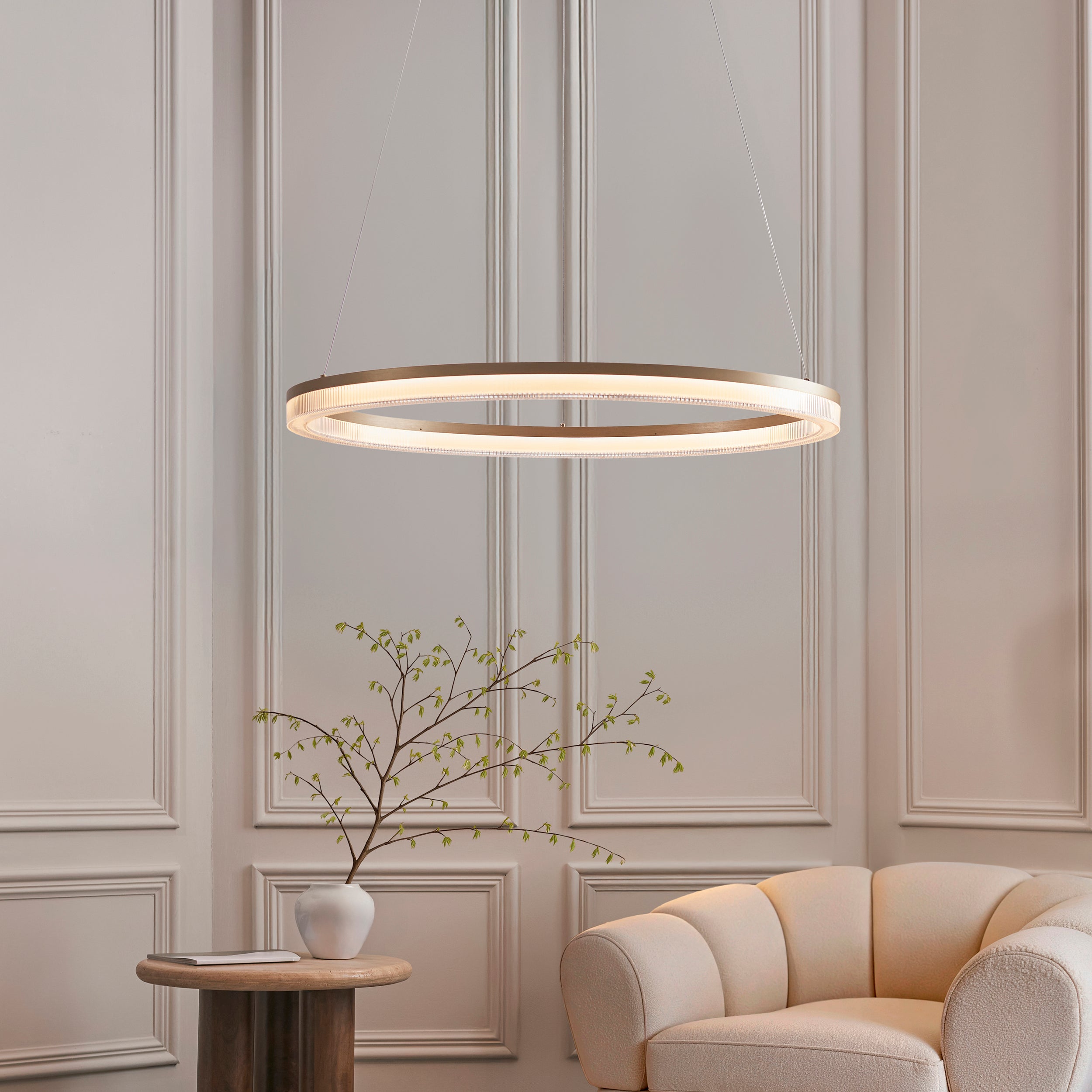 Utopia Orbit Led Hoop Pendant - Brushed Gold Plate & Opal Ribbed Acrylic