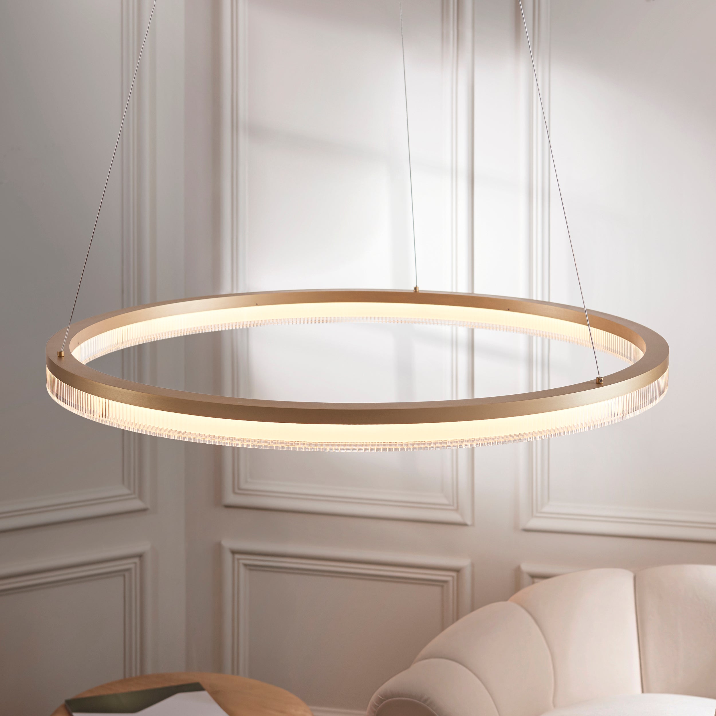 Utopia Orbit Led Hoop Pendant - Brushed Gold Plate & Opal Ribbed Acrylic