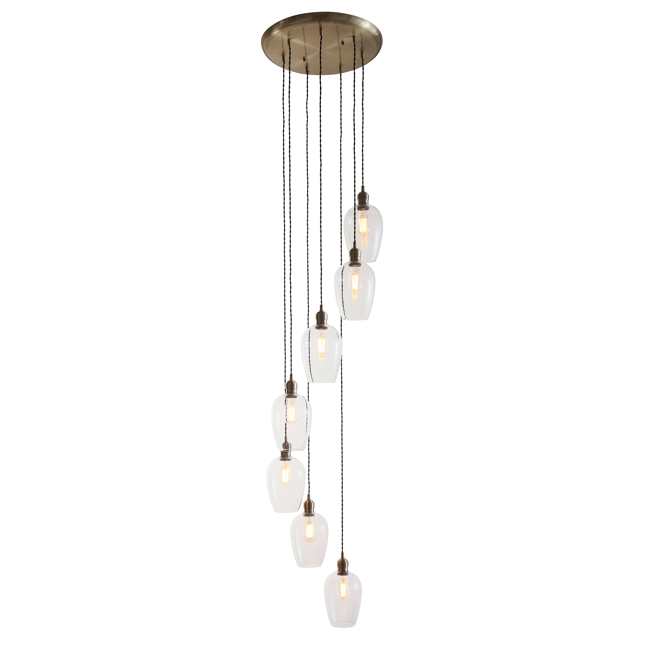 Utopia Finesse 7 Light Cascade Ceiling Pendant - Antique Brass & Clear Glass