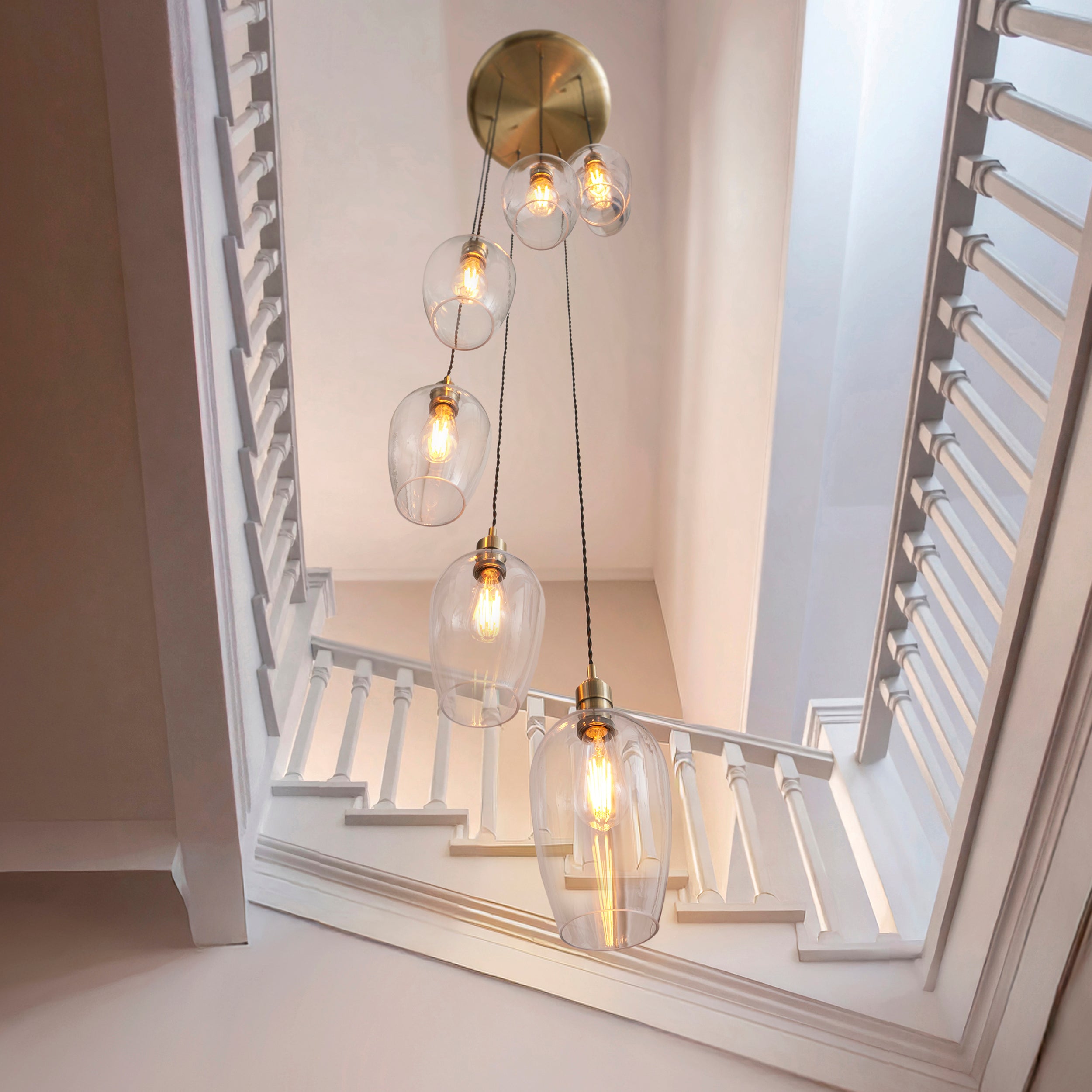 Utopia Finesse 7 Light Cascade Ceiling Pendant - Antique Brass & Clear Glass