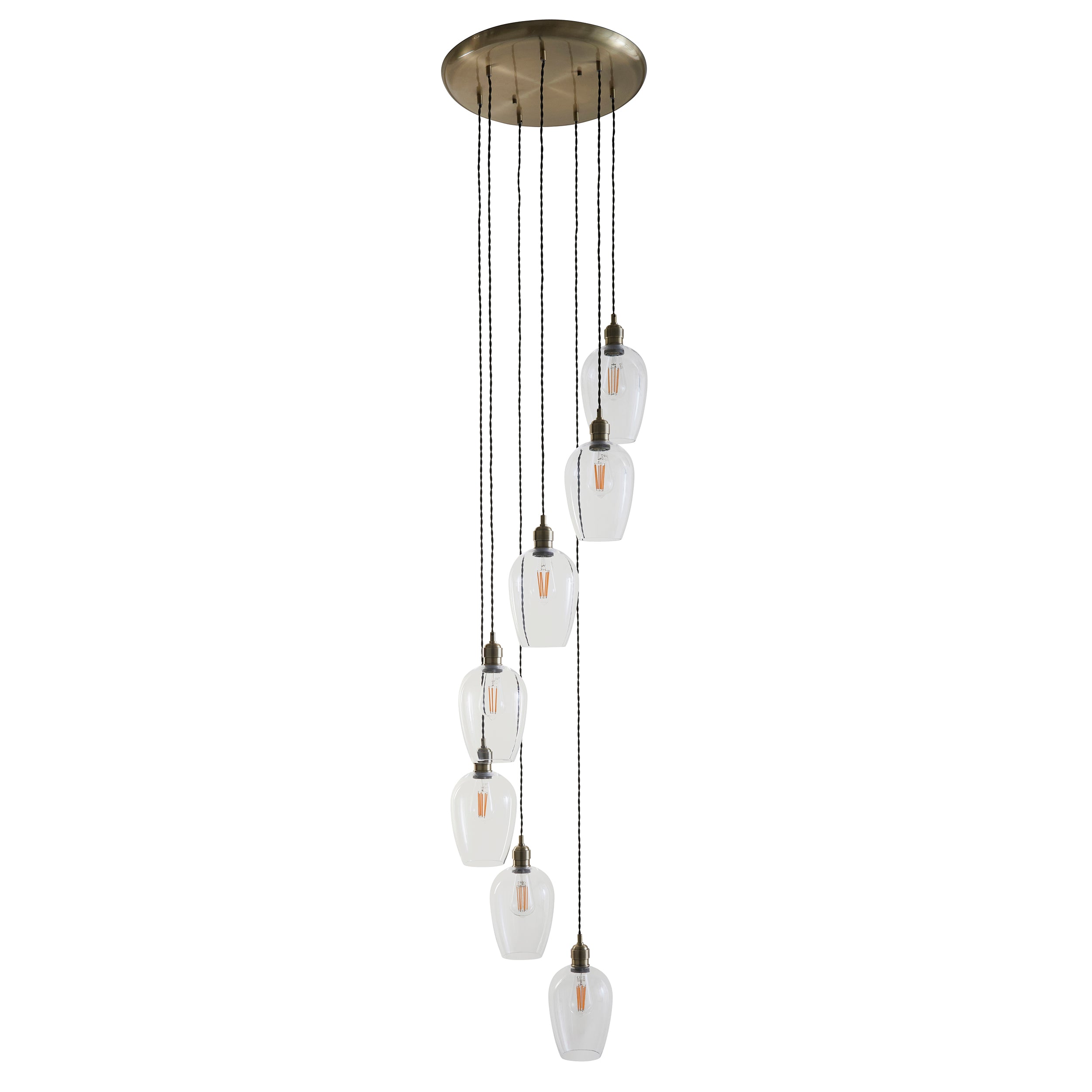 Utopia Finesse 7 Light Cascade Ceiling Pendant - Antique Brass & Clear Glass