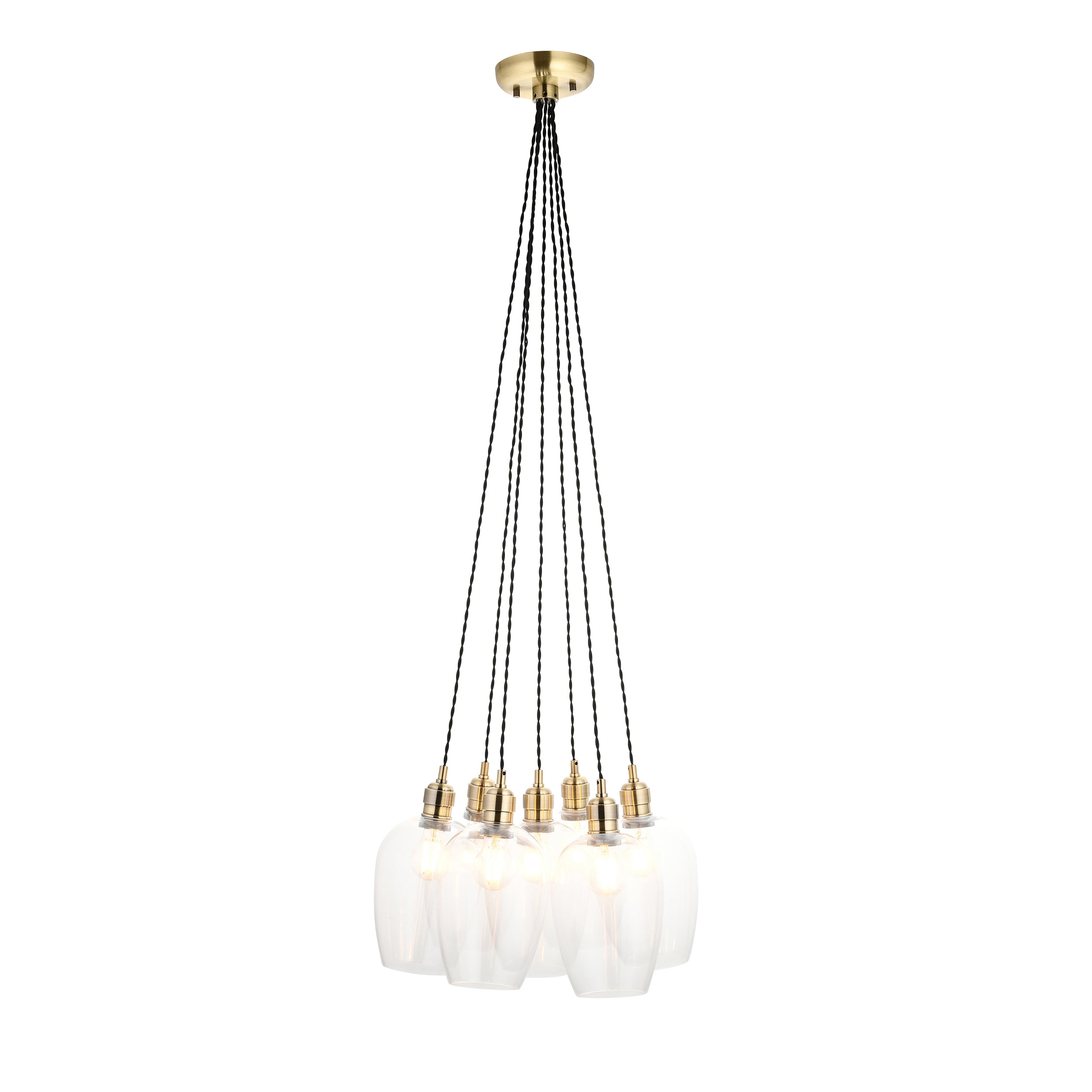 Utopia Finesse 7 Light Cluster Ceiling Pendant - Antique Brass & Clear Glass